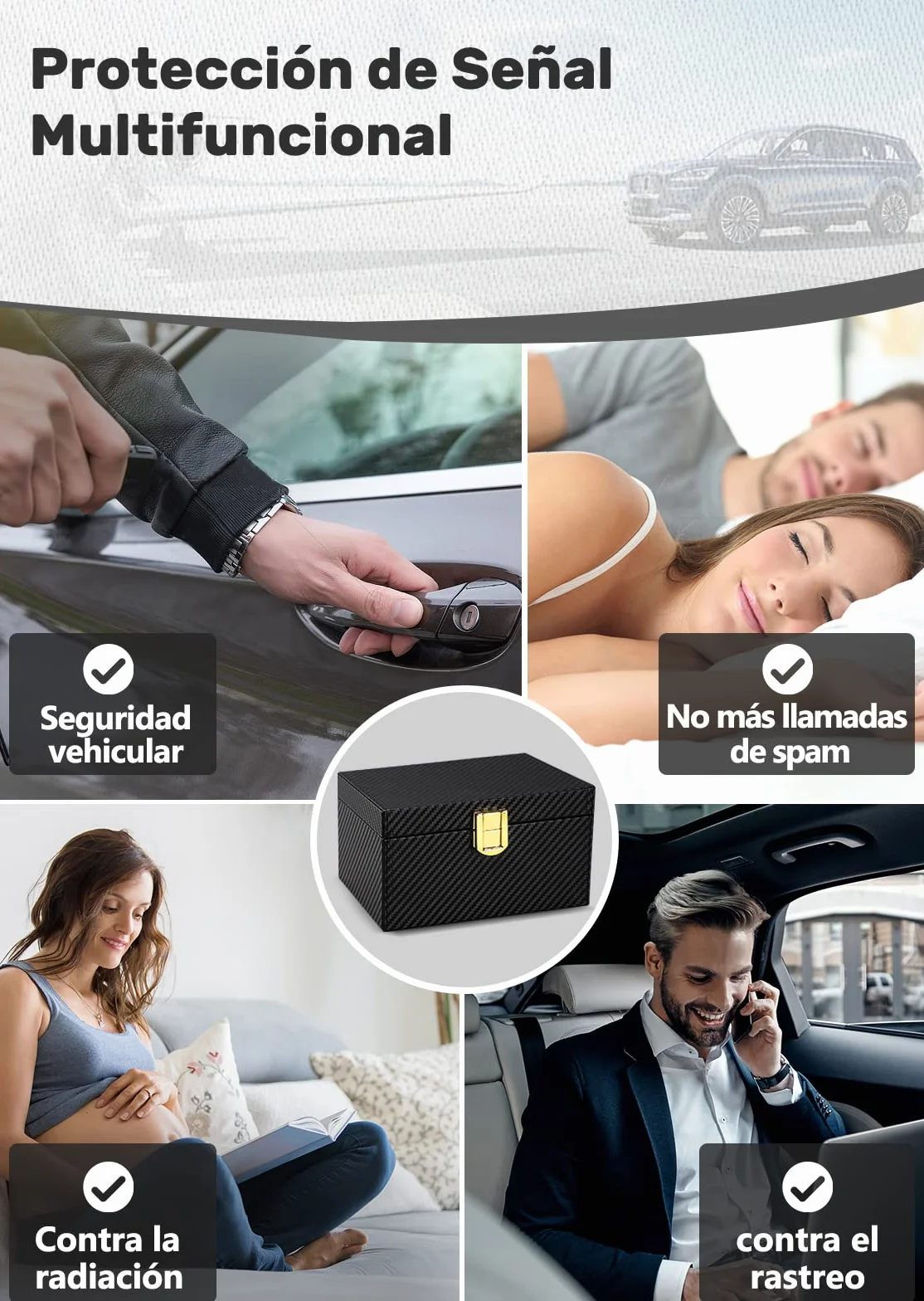 Caja Faraday Antirrobo & 2 funda Faraday para Llaves de Coche, Bloqueadora de RFID Bloqueo Señal Llaves Keyless en Cuero Fibra de Carbon Negro