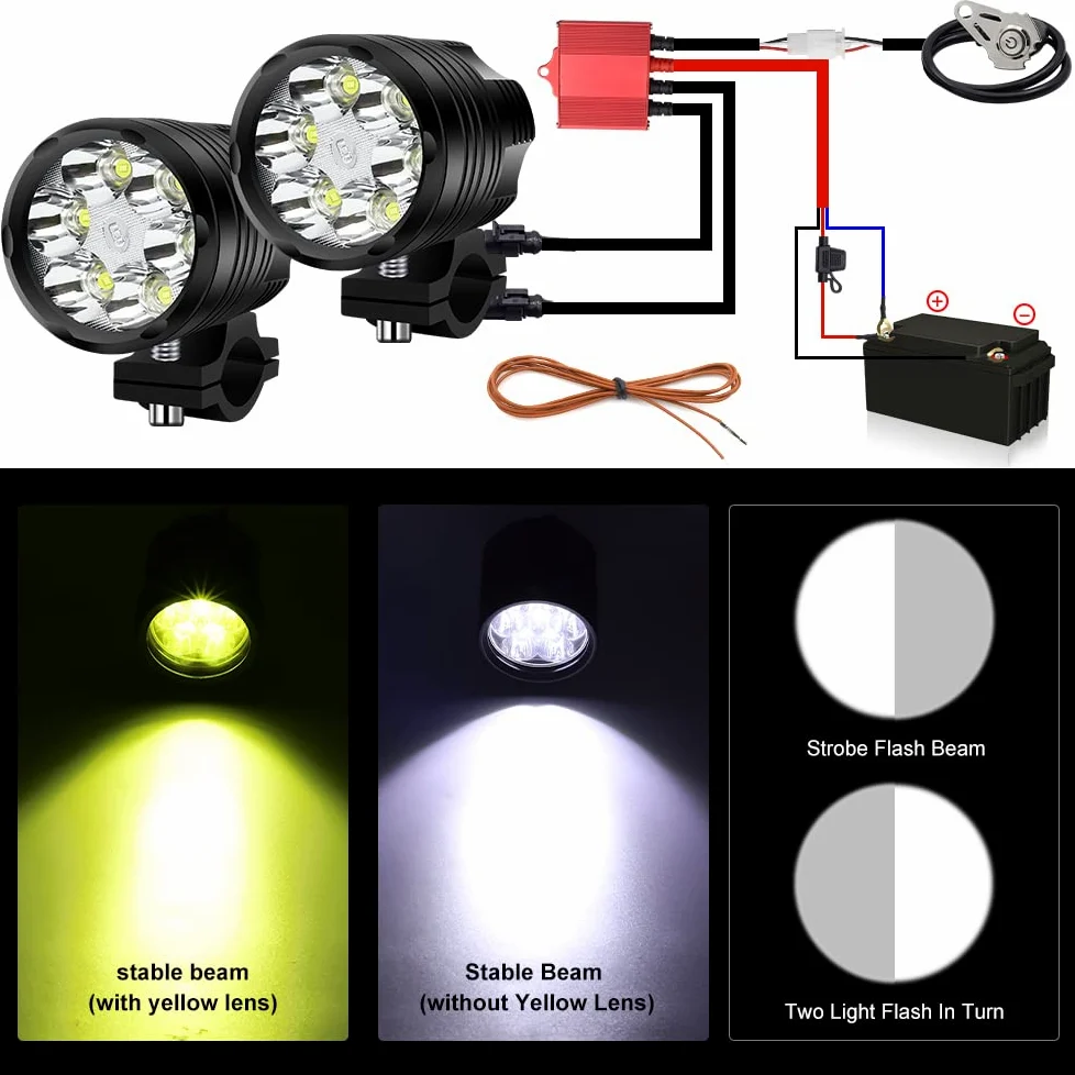 2 luces Auxiliares para Motocicleta con Arnés de Cableado y Lente Amarilla, 60W Faros Delanteros para Motocicleta, Luces Antiniebla LED DRL 12V 24V para Coche, Camión, Barco, ATV, SUV