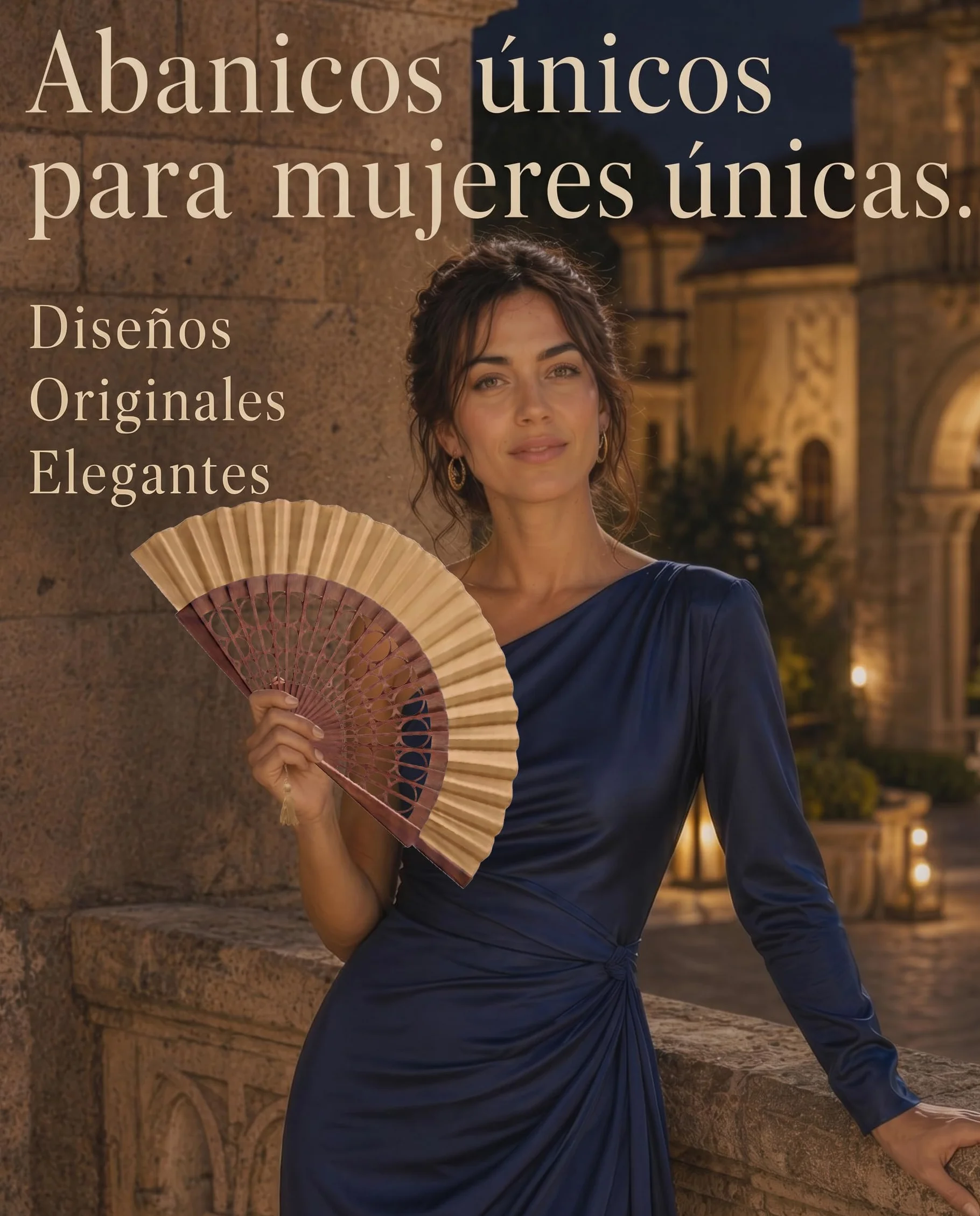 Abanico Español Artesanal 100% Algodón y Madera de Sipo Grande para Mujer Camel Esfera