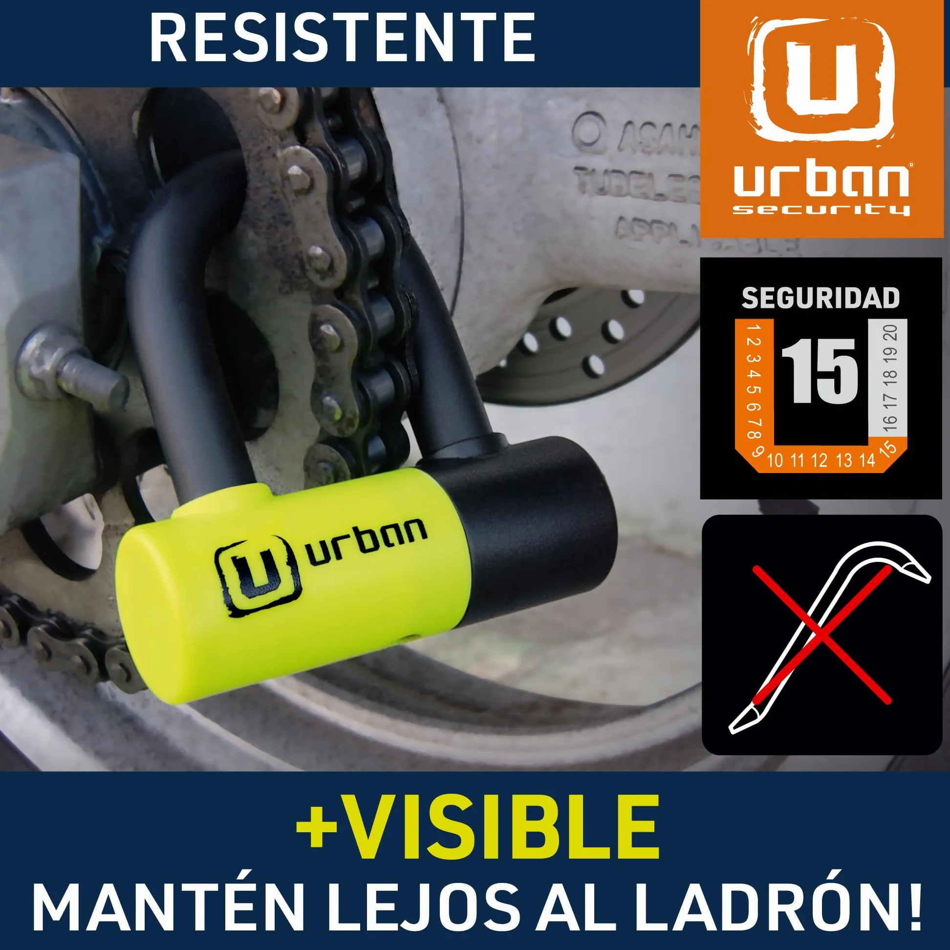 URBAN UR59120 Candado Antirrobo Mini U con Cadena Lazo 120 cm, Doble Función Más Seguro para Candado Moto Disco, Cerradura Alta Seguridad y Doble Cierre, Antirobo Universal para Moto,Scooter Bicicleta