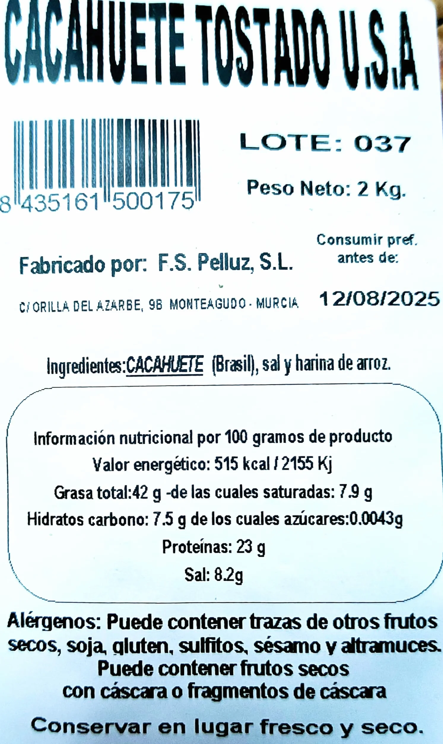 Cacahuetes Tostados con Sal 2 Kg Pelluz - Cacahuetes Pelados Tostados
