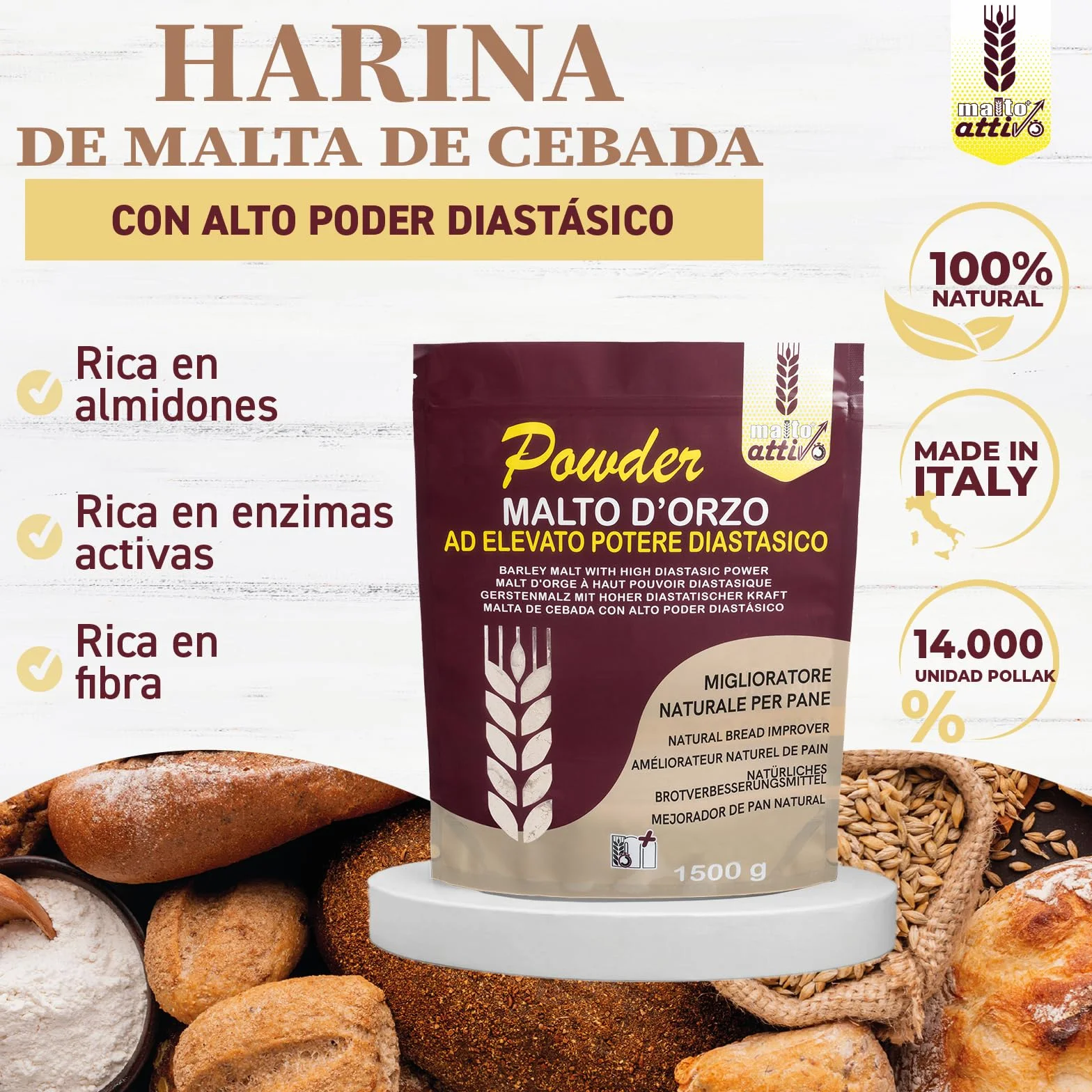Malto Attivo Powder 1.5 kg Harina de Malta de Cebada Diastásica para Panificación 14.000 Unidades Pollak Made in Italy
