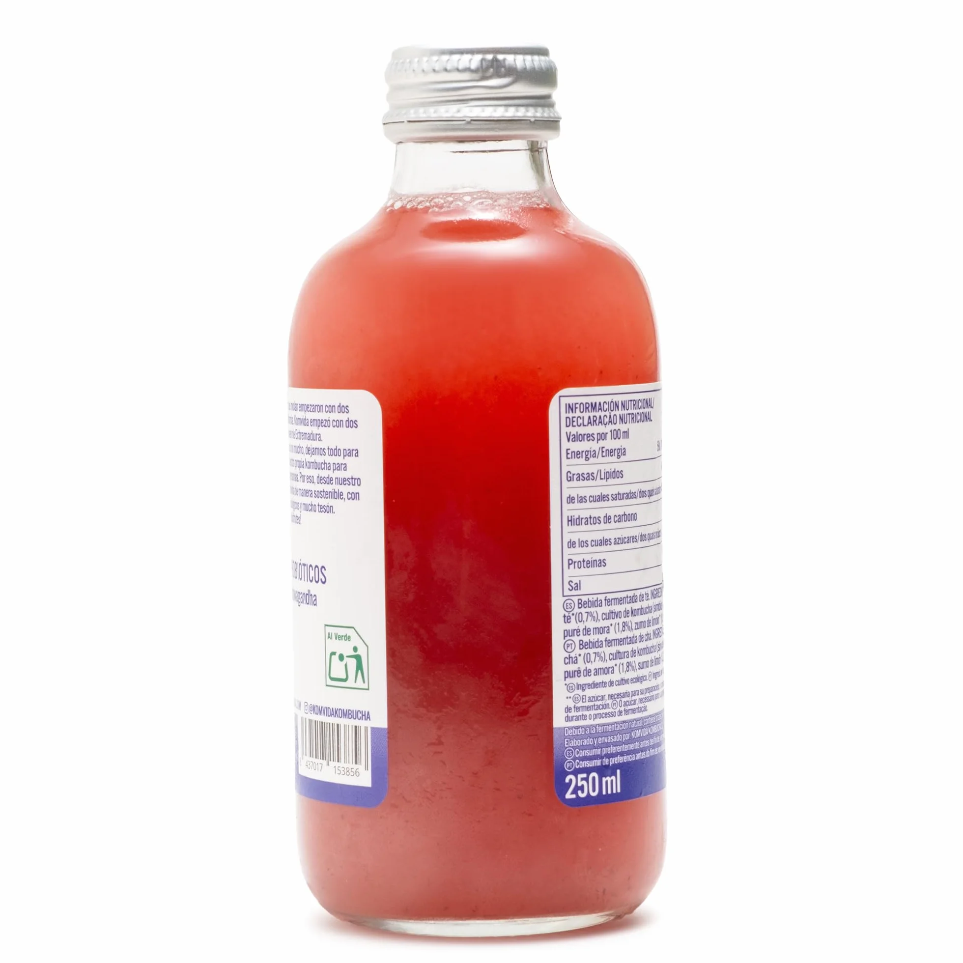 Kombucha Komvida Superflow Ecológica Té fermentado Ashwagandha Mora Probióticos Naturales Sin Azúcares 250ml