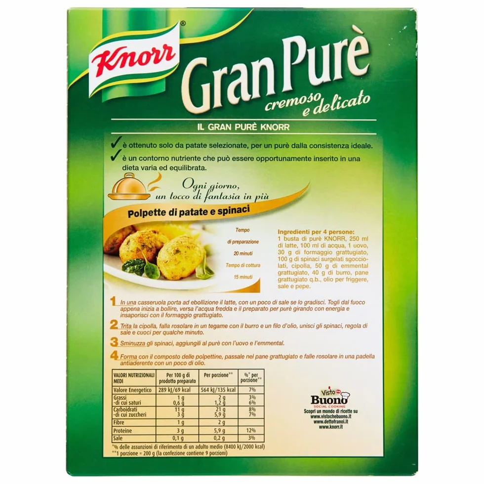 Knorr Gran Purè Cremoso e Delicato Preparado para puré de patatas sin gluten, 225 g (3x75 g)