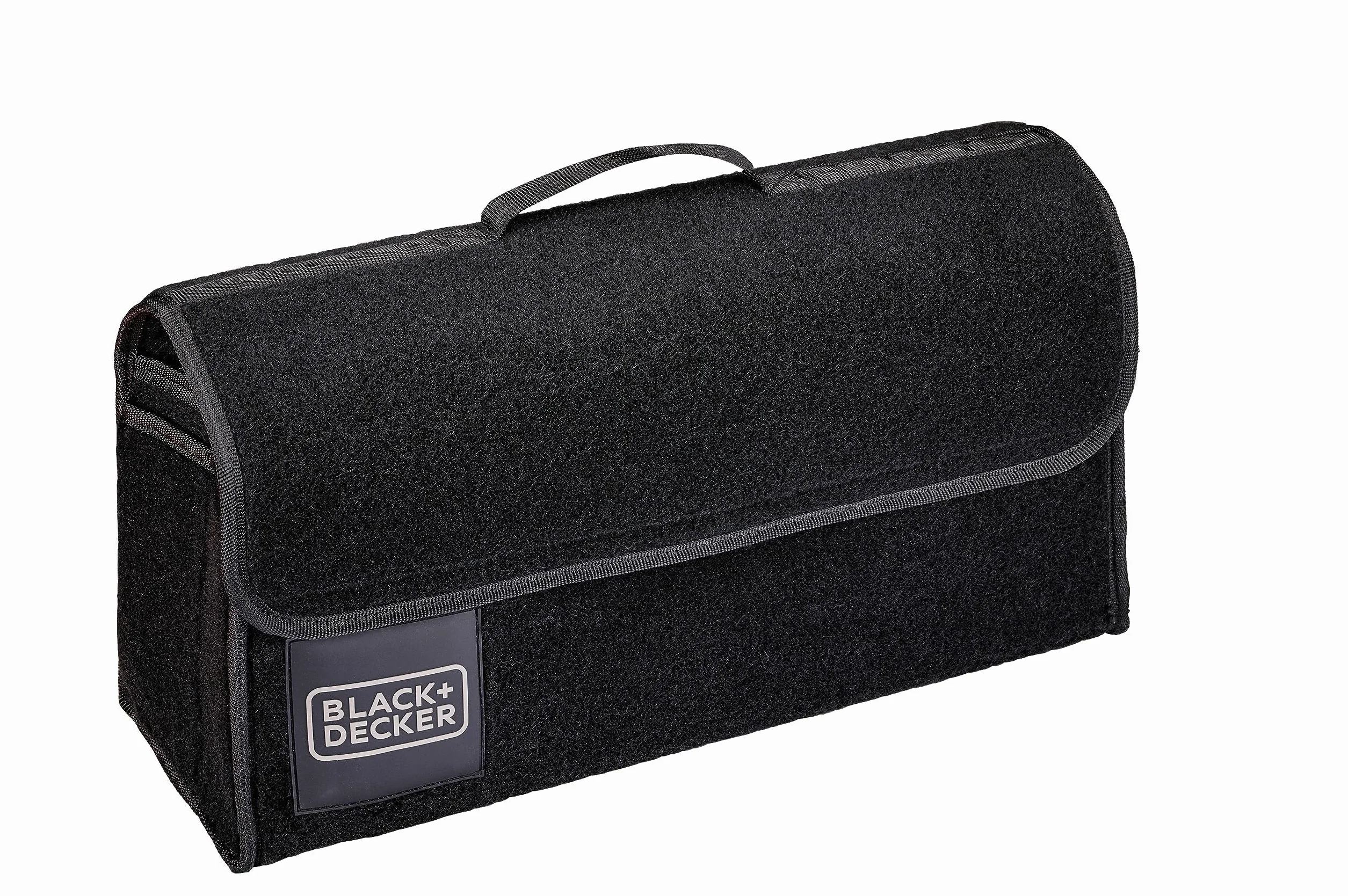 Black+Decker Organizador Maletero Coche - Organizador Coche 55 x 15 x 23 CM - Caja Plegable con 1 Compartimento Grande y 2 Bolsillos Deslizantes - Accesorios Coche y Compras - Con Velcro - Negro