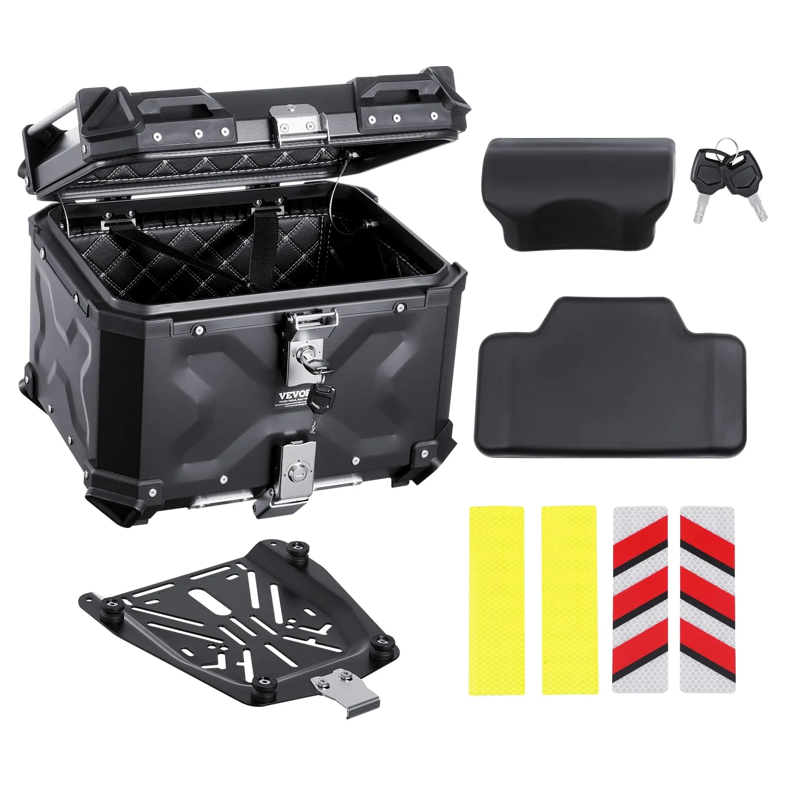 VEVOR Baúl para Motocicleta, Baúl Trasero Universal de Aleación de Aluminio con Forro de Cuero, 55 L, con Cerradura y Cojín Trasero, Apto para el 99% de los Cuadros de Motocicleta, 470 x 430 x 367 mm