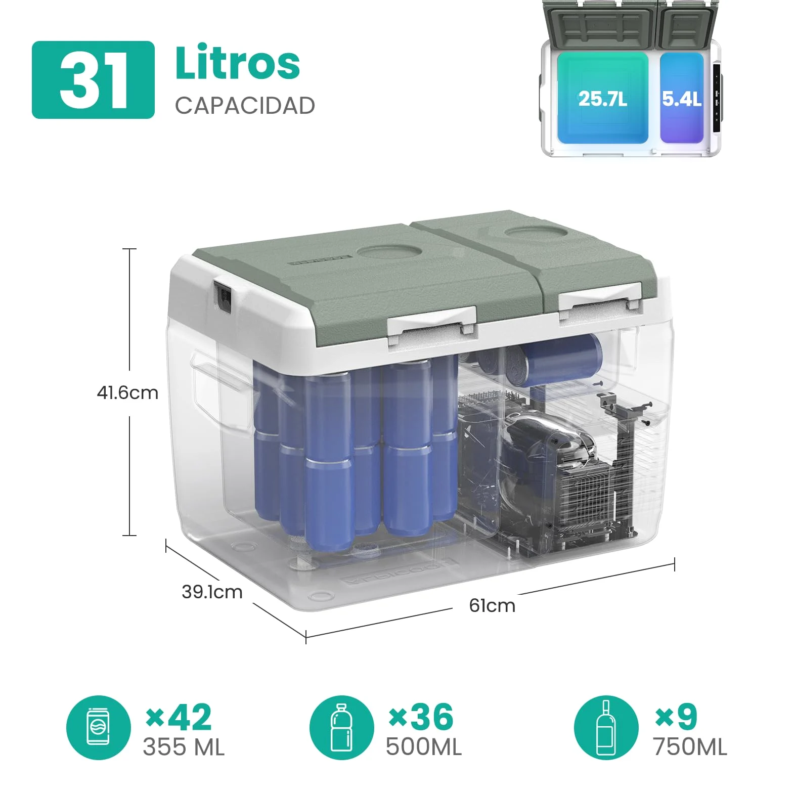 Alpicool KLS38 31L Nevera Portatil con Control de APP,2026 de Doble Zona Portátil Coche 12V /24V DC,-20℃ a 20℃, Nevera de Coche para Camping,Viajes,Automóvil,Bandeja de Hielo Incluida,Verde