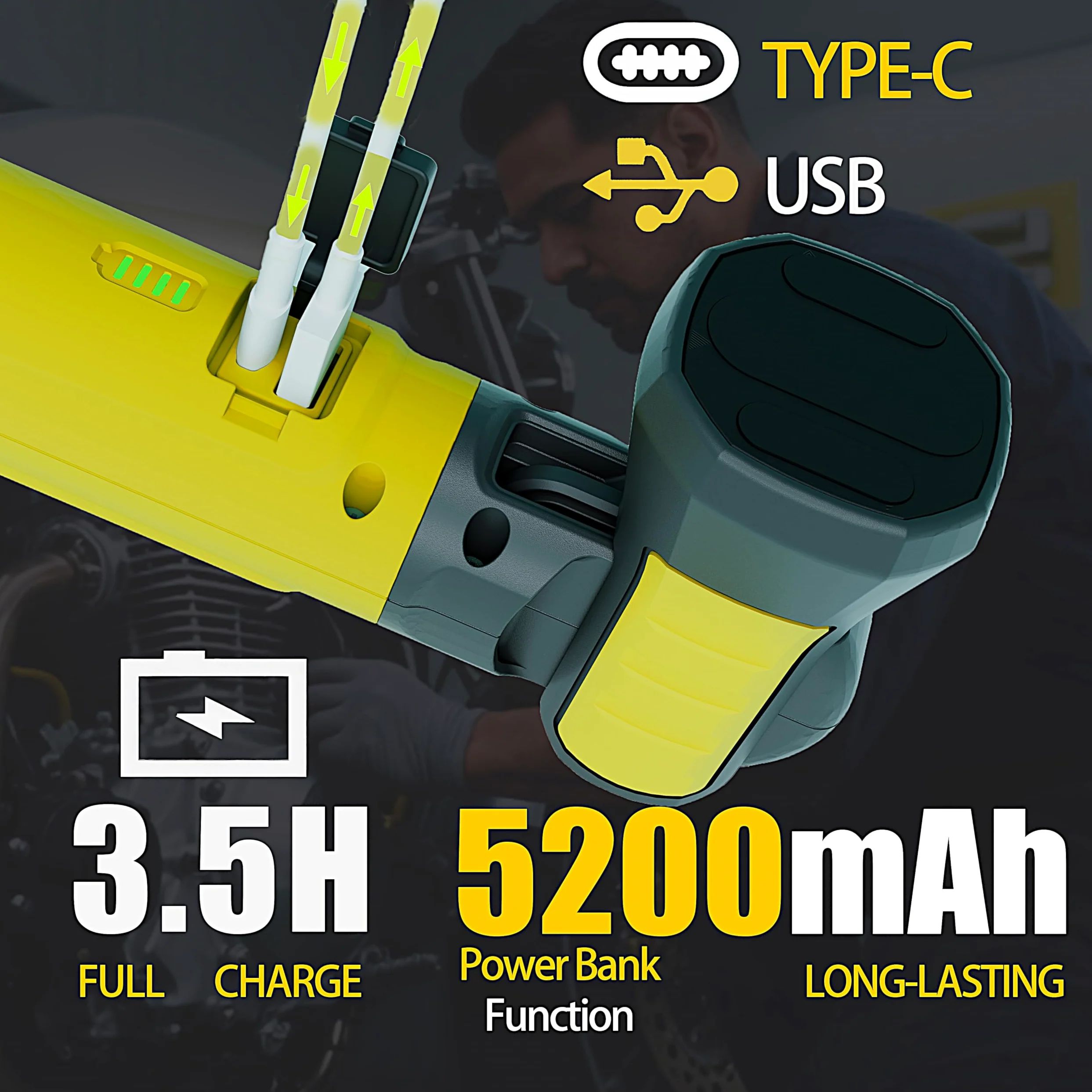 Luz de trabajo magnética – Barra de luz LED recargable de 3000 lm, 5200 mAh, luz mecánica debajo del capó para garaje, taller, inspección de vehículos (paquete de 1, amarillo)