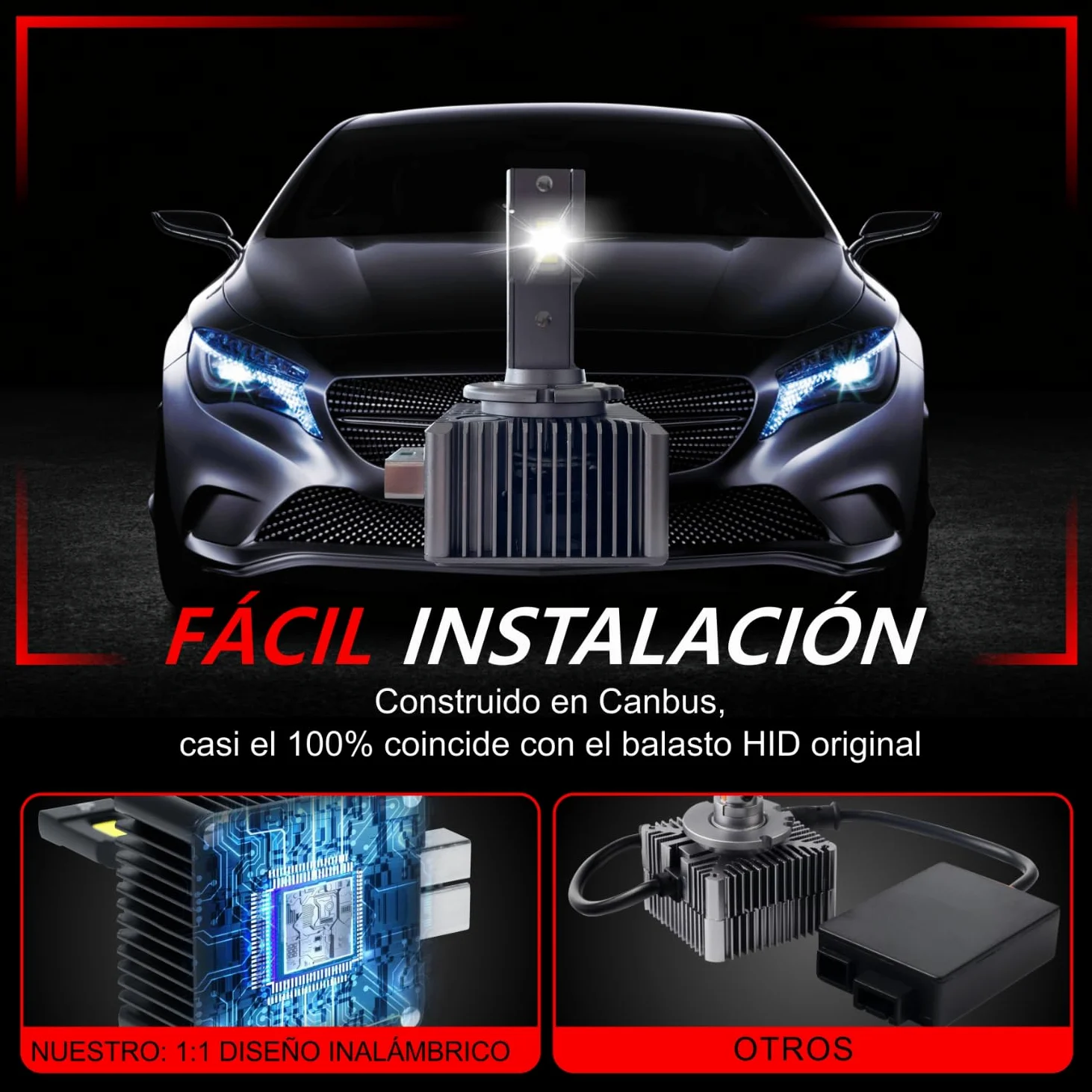 Sinoparcel D3S/D3R LED Bombilla de Faro Delantero, 6000K 35W | Haz Alta y Baja, Luces de Reemplazo de HID, Paquete de 2