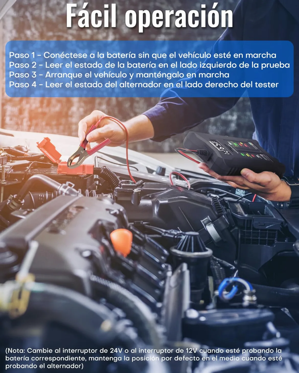 AUTDER Tester de Batería Digital, Volímetro 12V/24V para Baterías de Coche y Moto, Analizador del Sistema de Carga del Alternador con Pantalla LCD e Indicadores LED, Dos Modos de Prueba