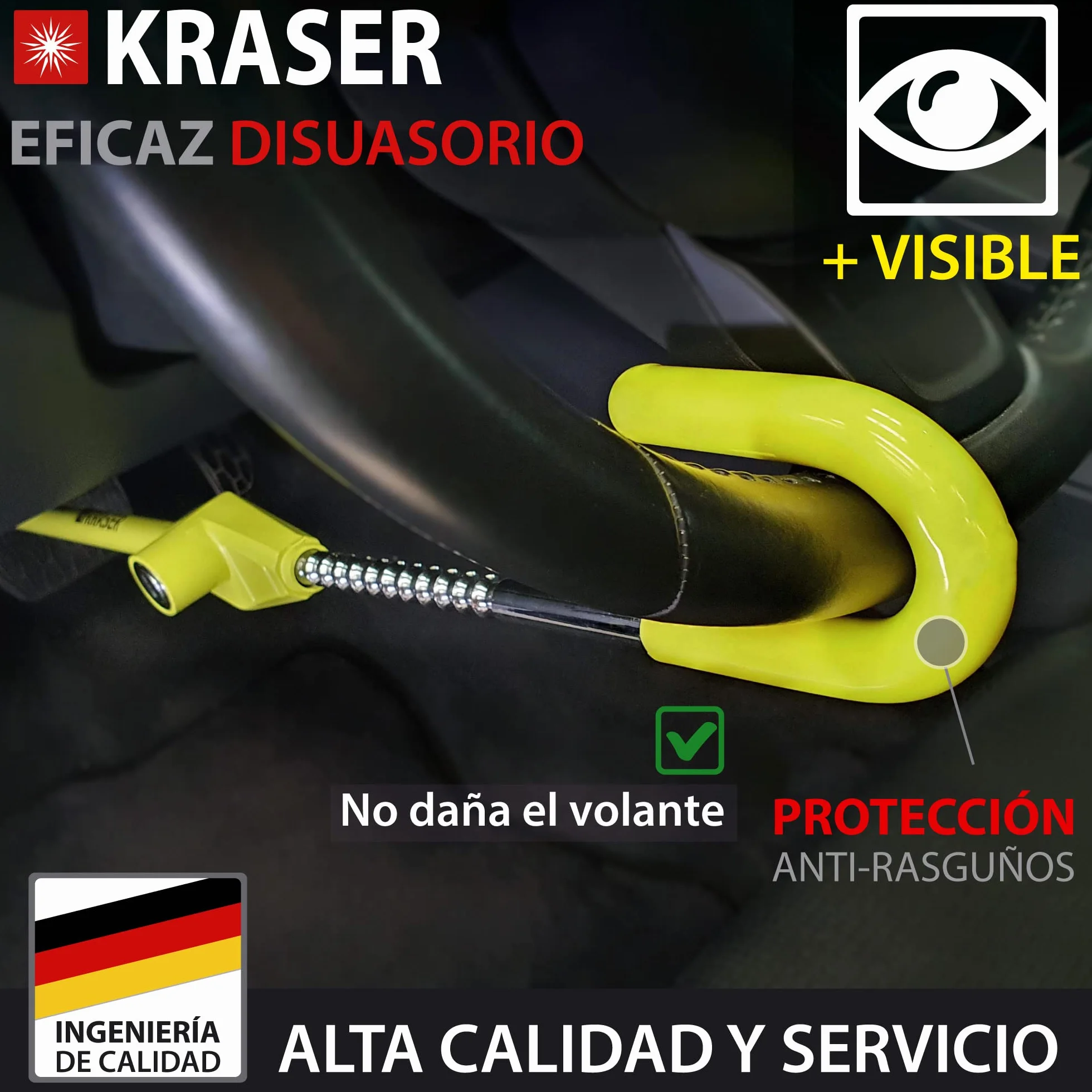 KRASER KR835 Antirrobo Coche Volante Pedal, Barra Amarilla Alta Visibilidad, Cierre Seguridad en Acero, Ajuste Gancho Más Extensible, Cepo Coche Universal Autocaravana Furgoneta