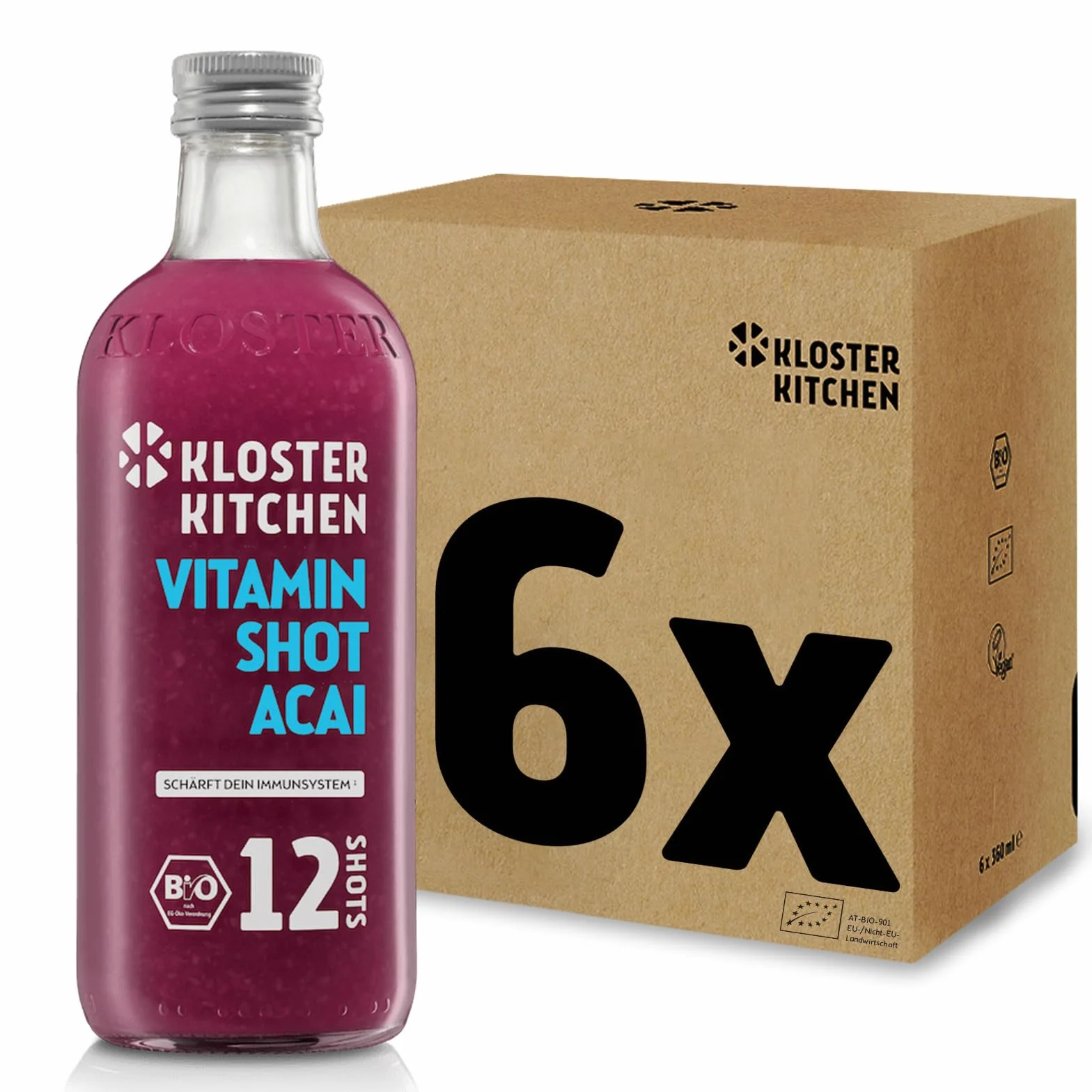 Kloster Kitchen Organic Vitamin Shot Acai Ginger 6x 360 ml botella de cristal vegana sin aditivos