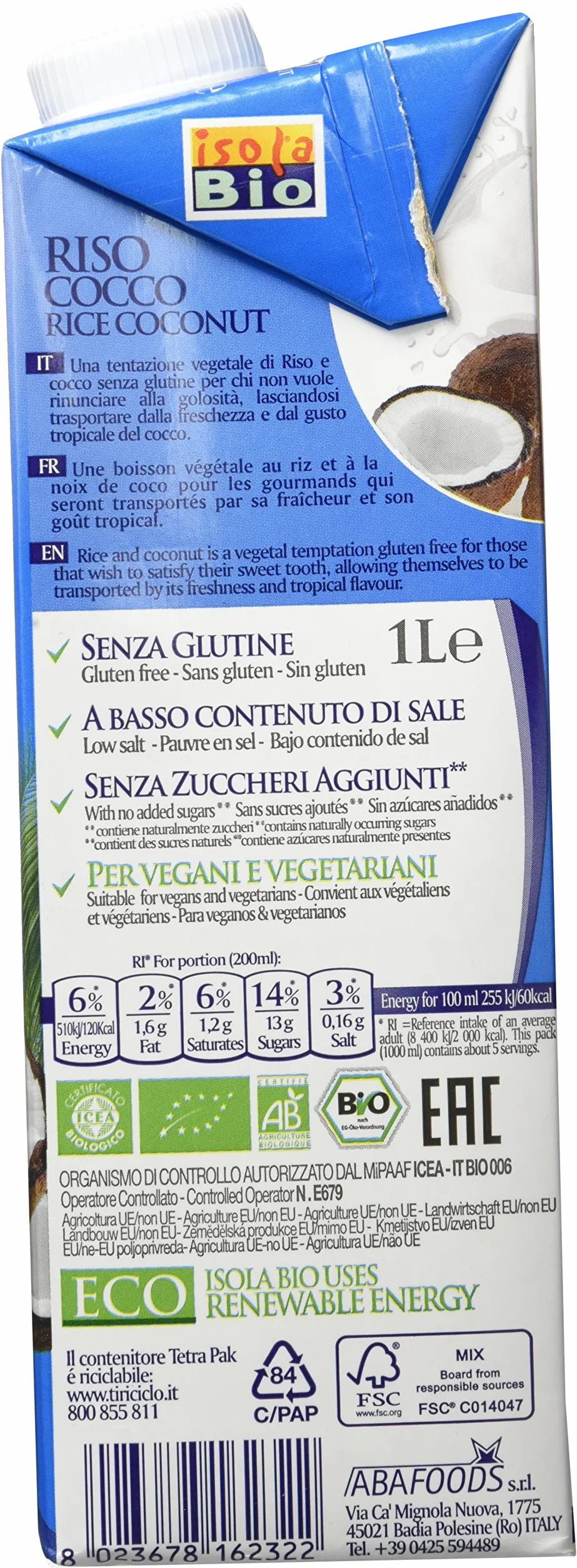 Isola Bio Bebida Vegetal de Arroz con Coco Paquete 6 x 1000 ml