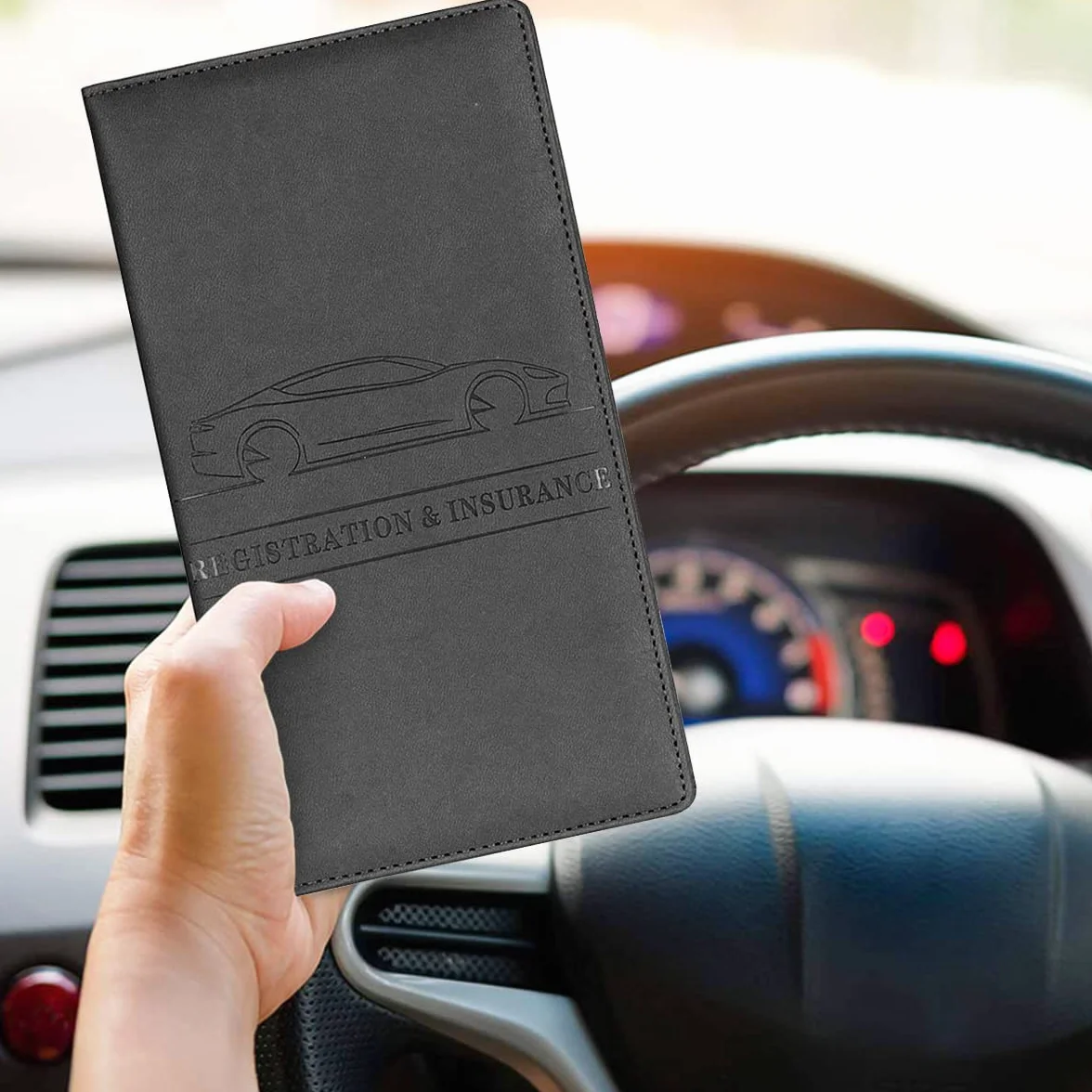 JNNJ Funda protectora para guantera y soporte de documentos, autorización de coche, piel sintética, organizador para documentos importantes (negro)