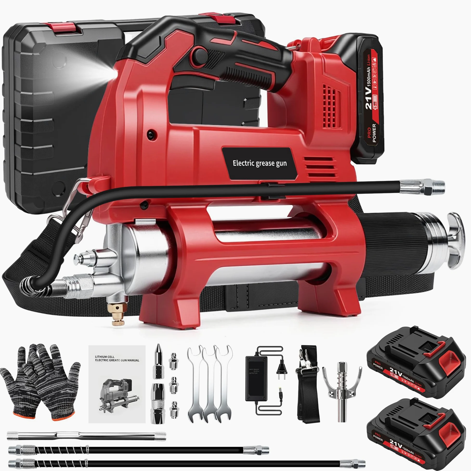 Pistola Engrasadora Bateria, 12000PSI 6.17 Oz/Min Kit De Pistola De Engrasar EléCtrica Bomba De Engrase Pistola De LubricacióN A BateríA InaláMbrica con 2 X 1500mah BateríAs, Manguera Flexible 39,4”