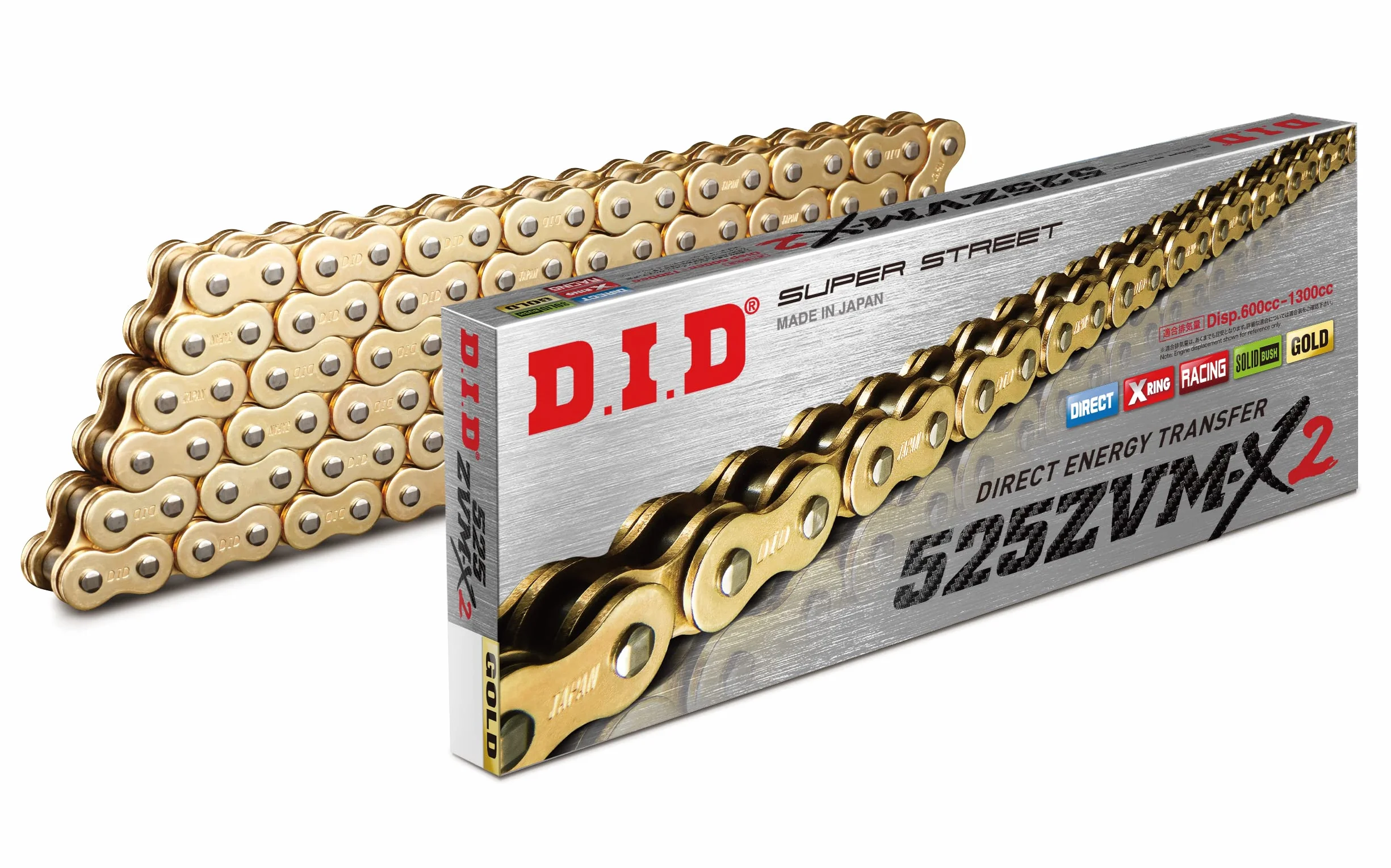 DID Cadena 525ZVM-X2 (Oro y Oro) - Longitud: 114 eslabones con unión remachada (ZJ)