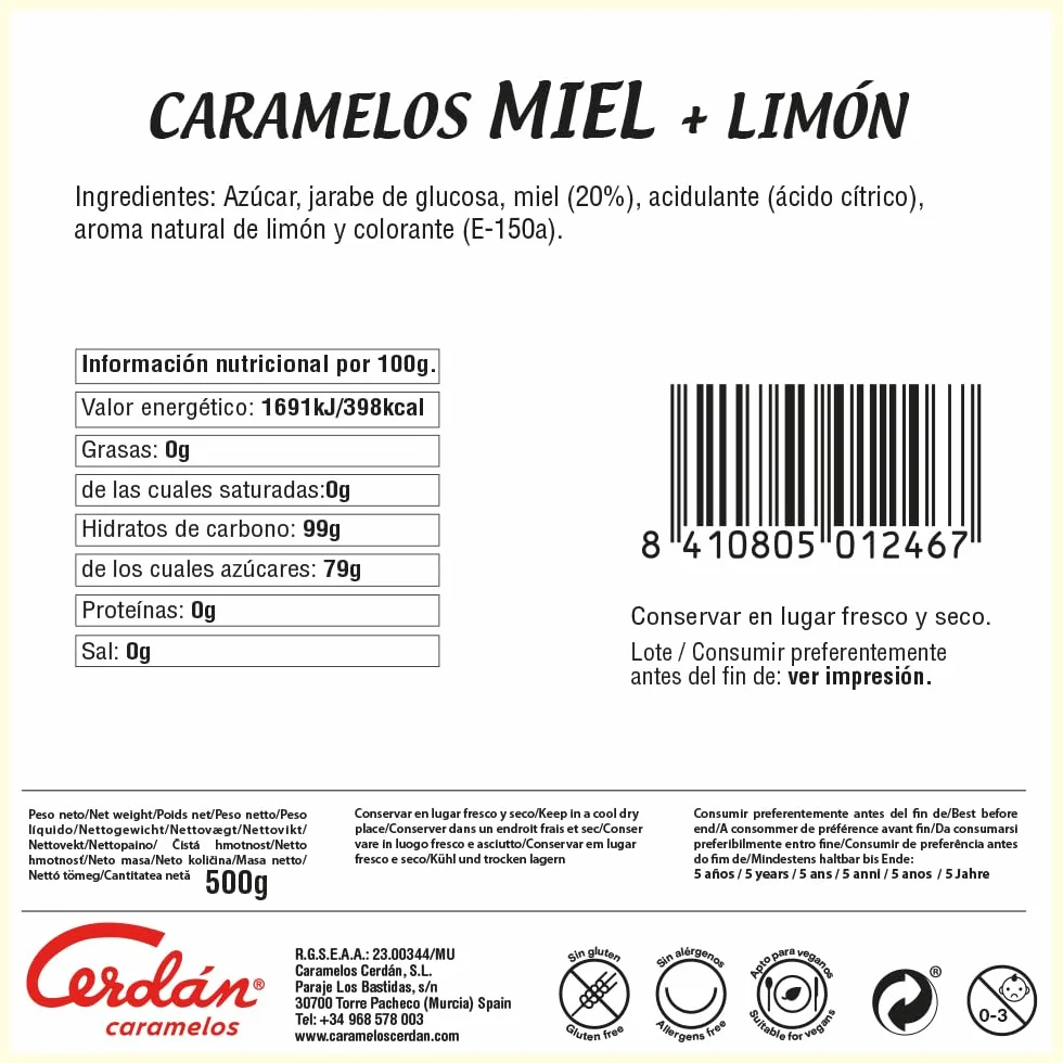 Caramelos Cerdán Caramelo Duro con Miel Pura y Limón Bolsa 150 Unidades Sin Gluten Medio Kilo