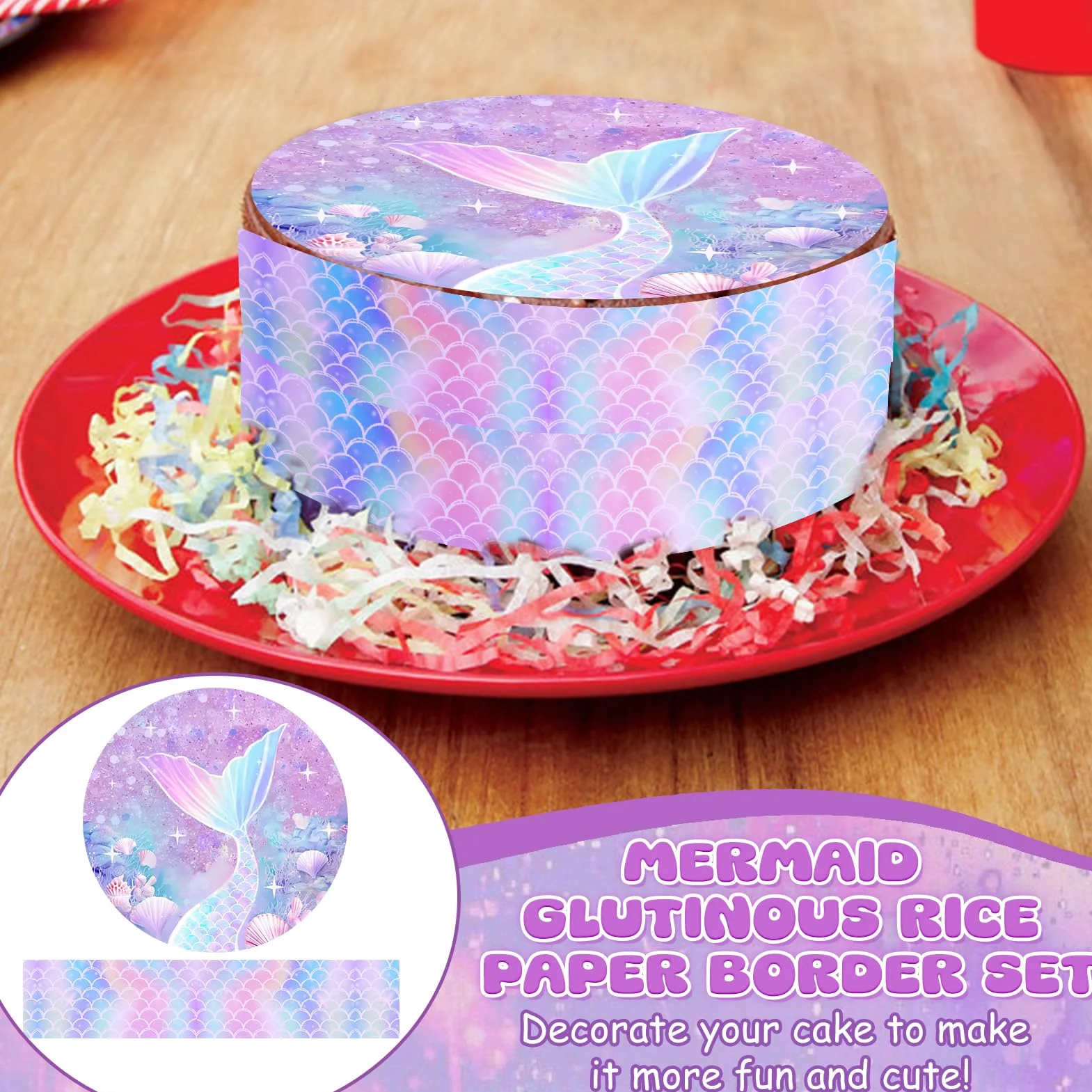 Decoración para Tartas de Sirena, Oblea Sirenita, Papel Comestible, Cinta 24cm x 5cm, Fiestas Cumpleaños Morado