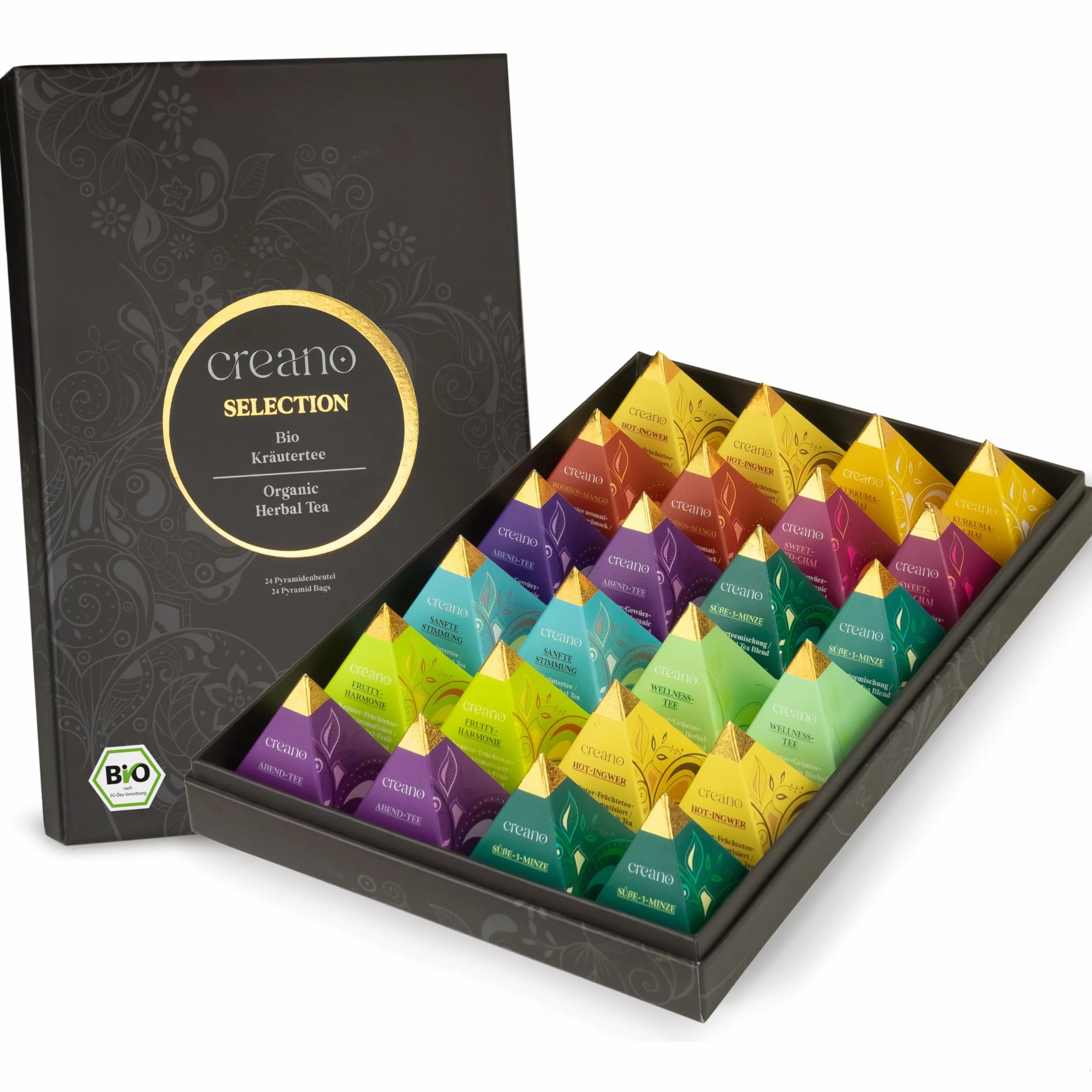 Creano Set de Regalo de Té Bio Orgánico Infusión de Hierbas 24 Bolsitas Piramidales 9 Variedades Sin Cafeína