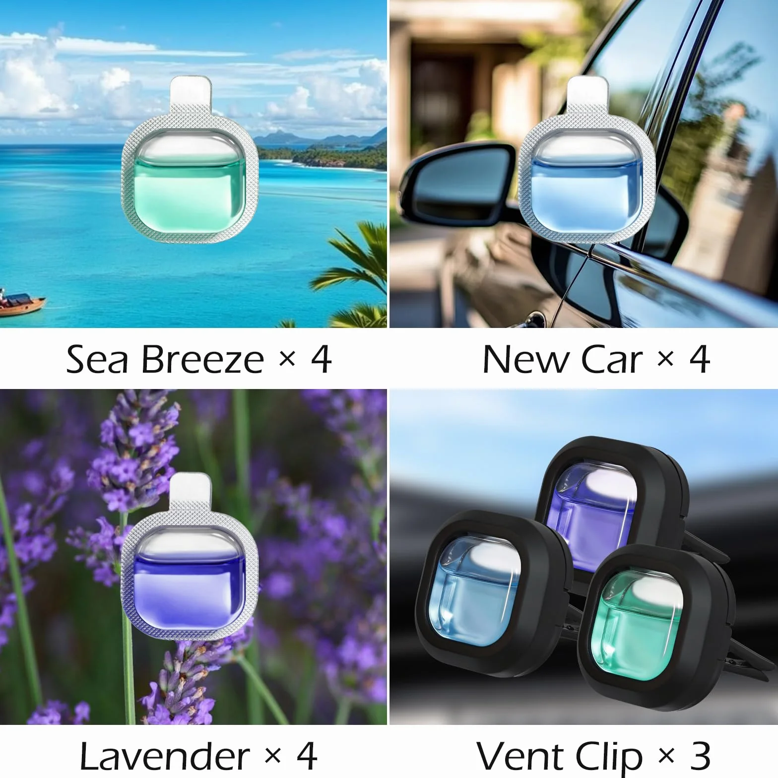 SCENTORINI Ambientador Coche, Perfume para Coche con 3 Clip y 12 Recargas, Fragancia de Brisas Marinas y Coche Nuevo y Lavandas Ambientador de Coche para Eliminar Olores Perfume Durante 30 Días