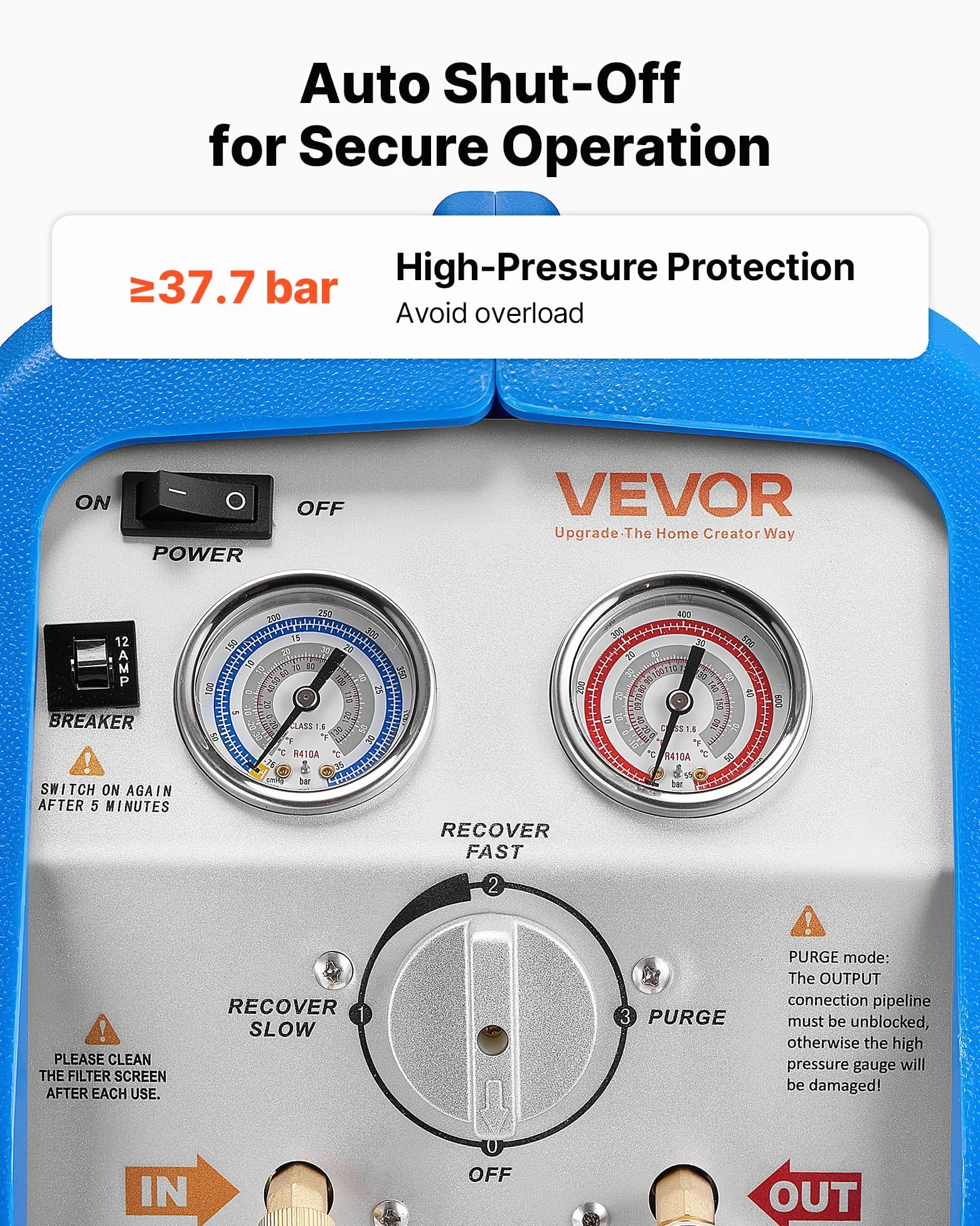 VEVOR Máquina Portátil de Recuperación de Refrigerante 3/4 HP, Máquina de Recuperación con Protección de Alta Presión 2,2 kg/min Velocidad de 1450 RPM, Cilindro Único, para Vapor Líquido Refrigerante