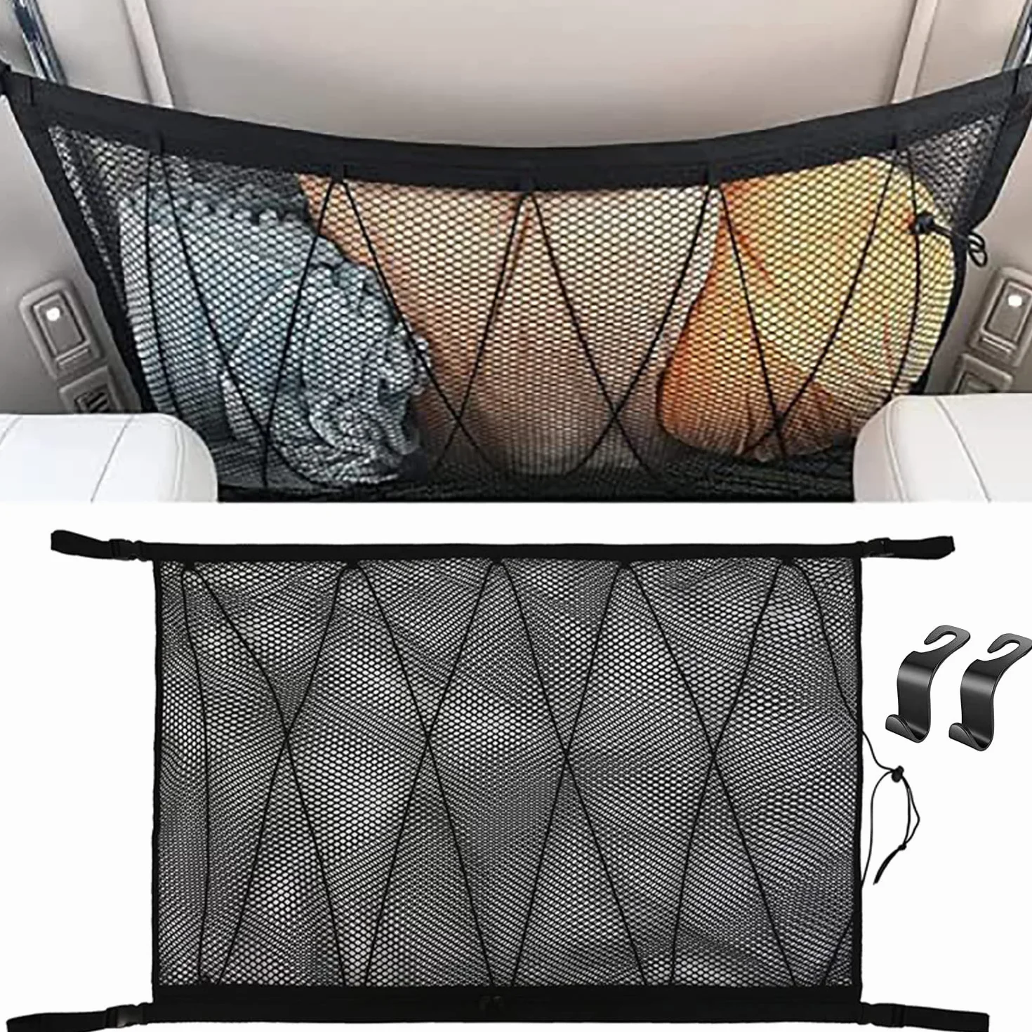 Red Techo Furgoneta Camper,90cmx65cm Organizador Bolsa de Red de Carga con Cremallera, Red Elastica con 2 Ganchos Ajustables, Almacenamiento de Viaje Largo para Jeep Van SUV