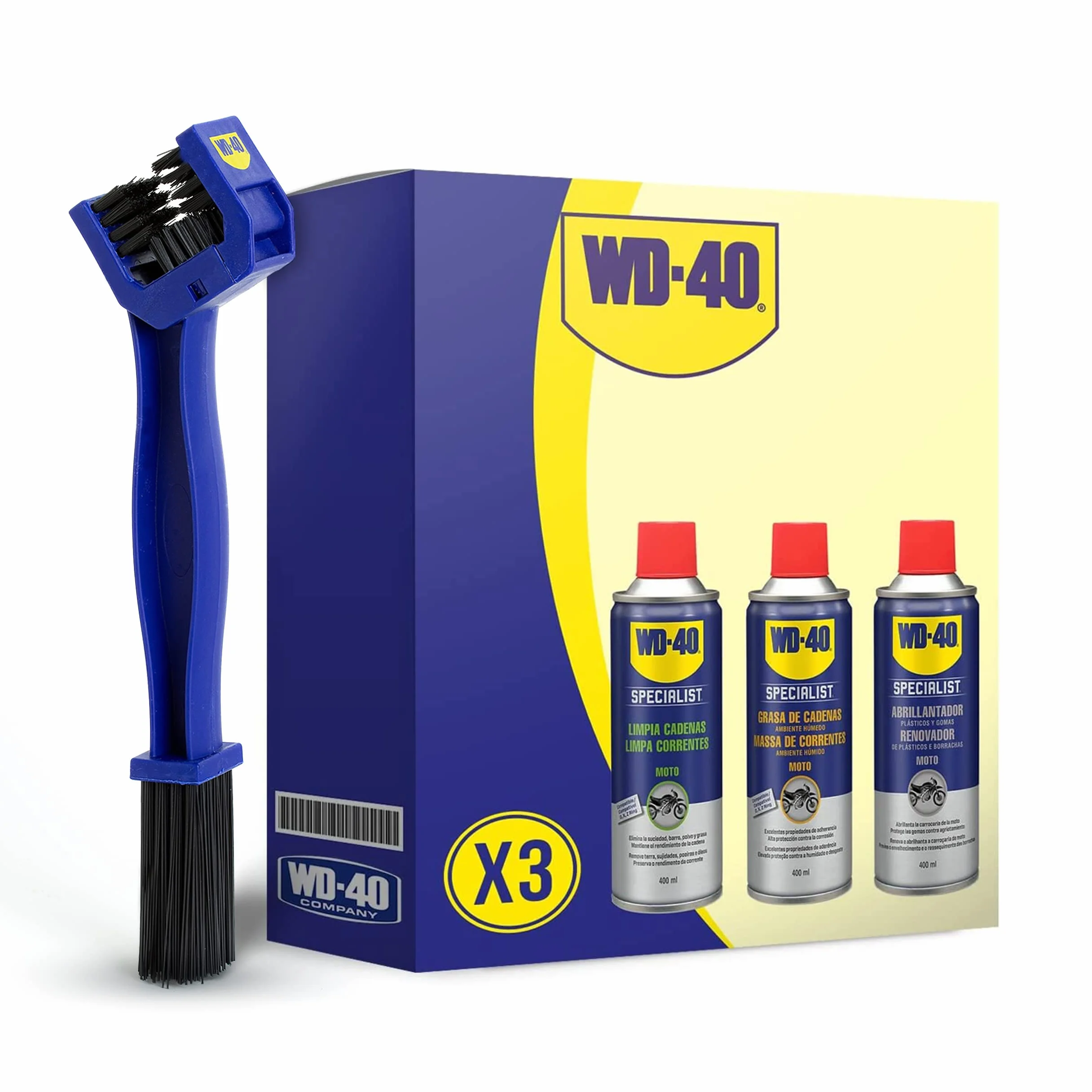 WD-40 Motorbike – Cuidado y mantenimiento cadena con Spray Limpiacadenas 400Ml + Grasa de Cadenas 400Ml + Abrillantador de Silicona 400Ml + cepillo limpia cadenas - Pack 3 unidades + Cepillo