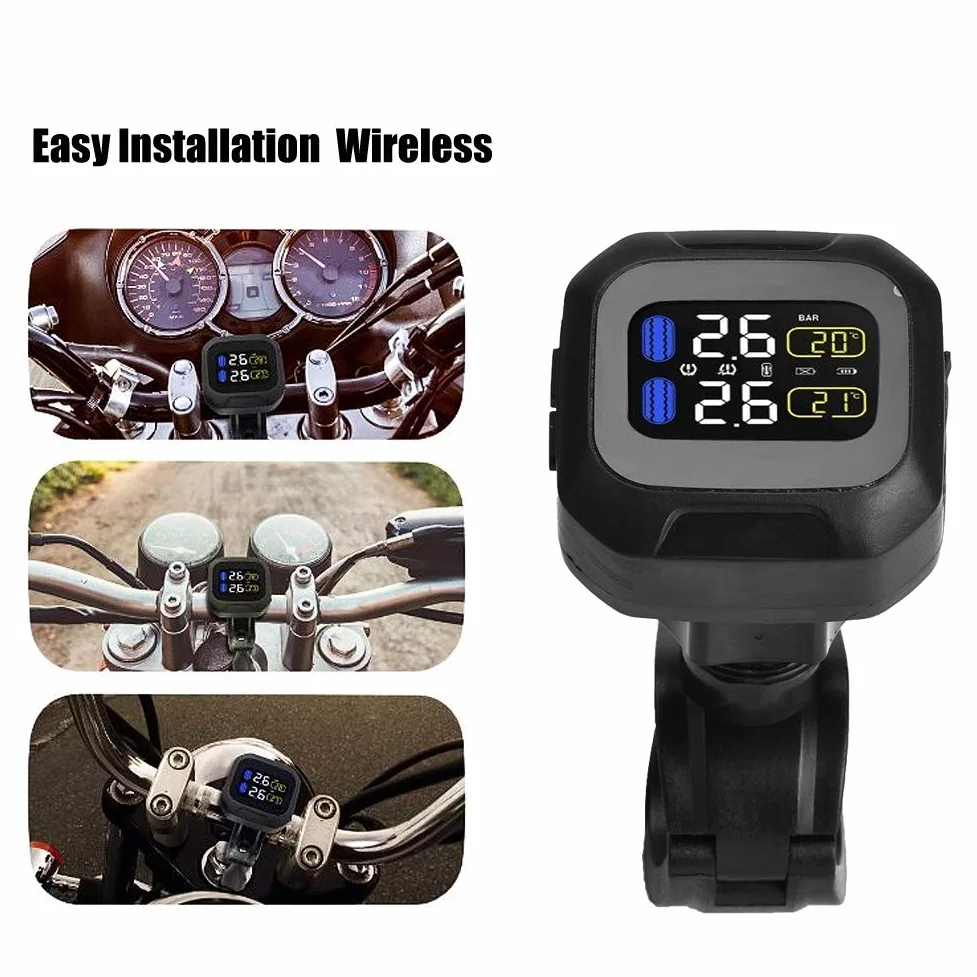 de monitorización de presión de neumáticos TPMS inalámbrico, de monitorización de presión de neumáticos con sensor TPMS inalámbrico de motocicleta con 2 sensores externos