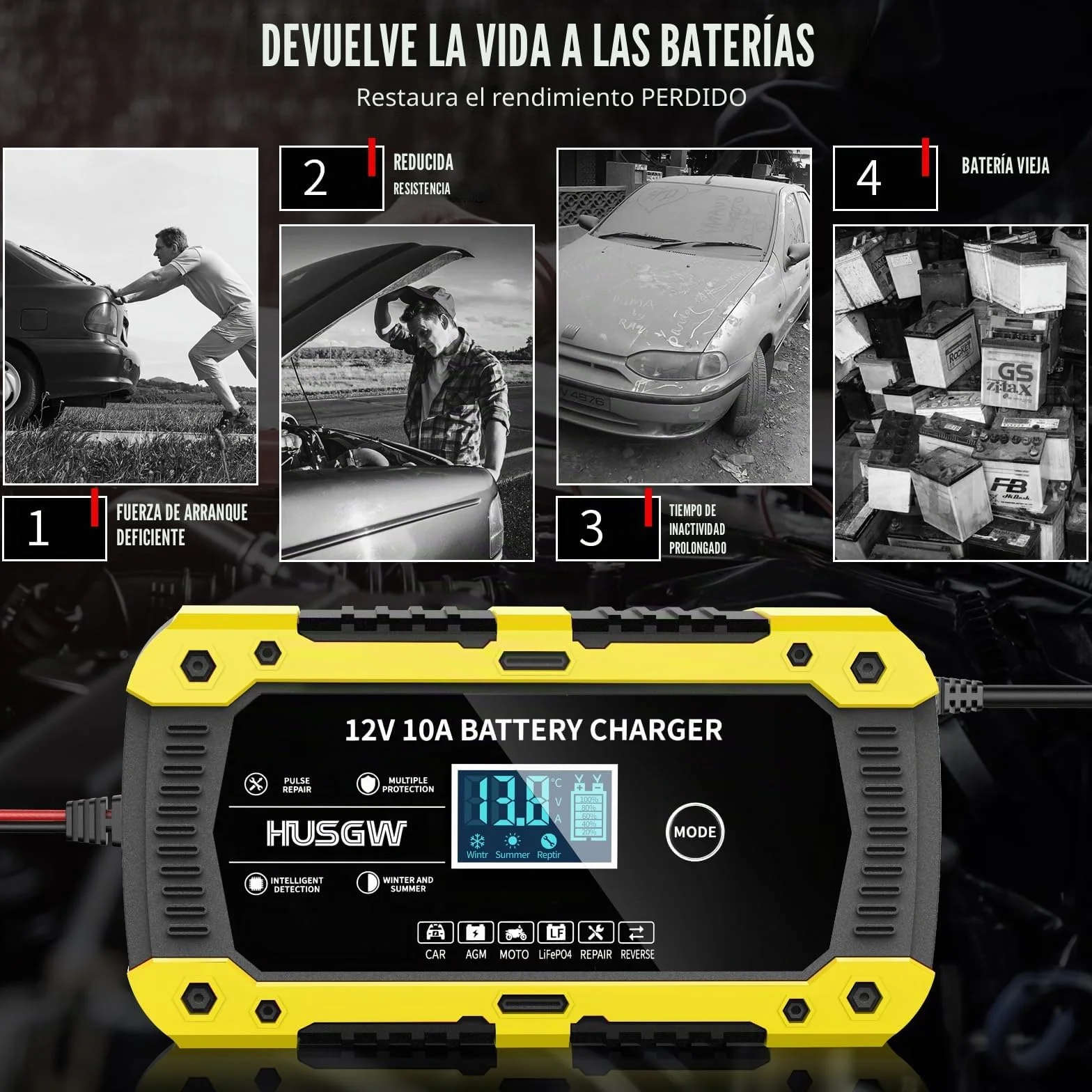 12V10A Cargador Baterias Coche, Cargador de Baterias Coche y Moto Inteligente y Funciones, Adecuado para Baterías Automotrices LiFePO4,para Coche/Moto/Clippers/AGM/Gel/Wet/SLA (10A) (10 Amarillo)