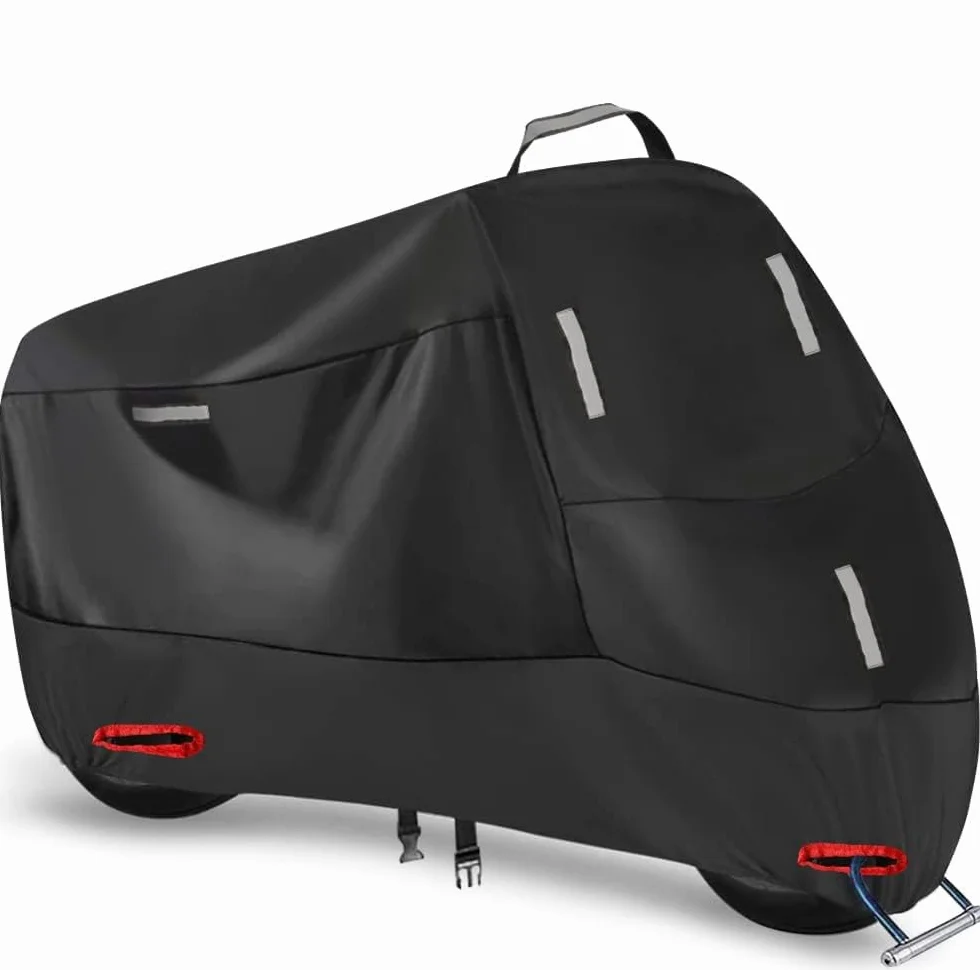 Funda Moto Impermeable para Exterior Interior, 300D Cubierta de Motocicleta Scooter Moped con 5 Tiras Reflectantes y 2 Orificios para Cerradura, 2 Hebillas de fijación (L: 220 x 95 x 110 cm)