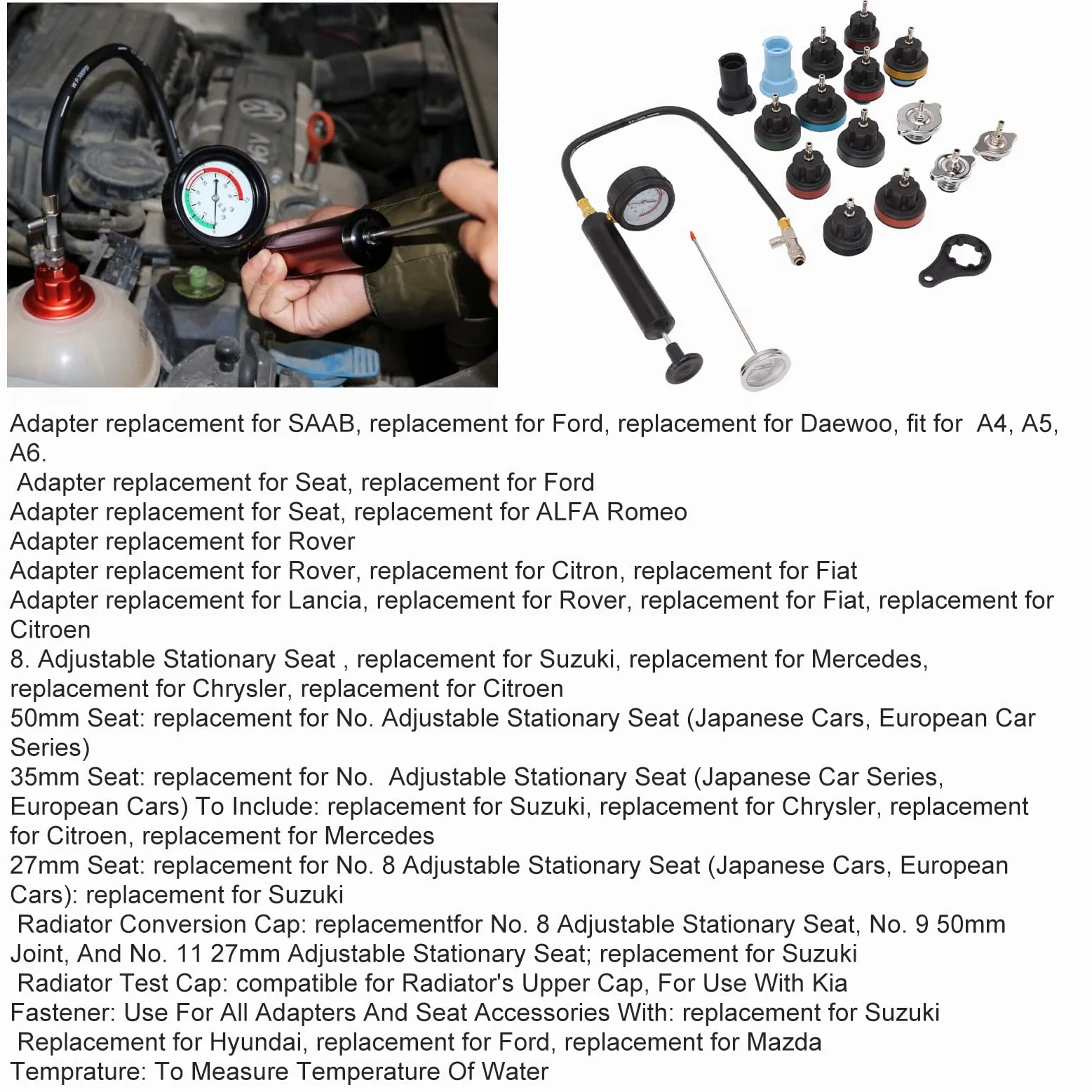 Kit de comprobador de presión del radiador, comprobador de presión del Sistema de refrigeración a Prueba de Golpes con Estuche de Almacenamiento para Ford