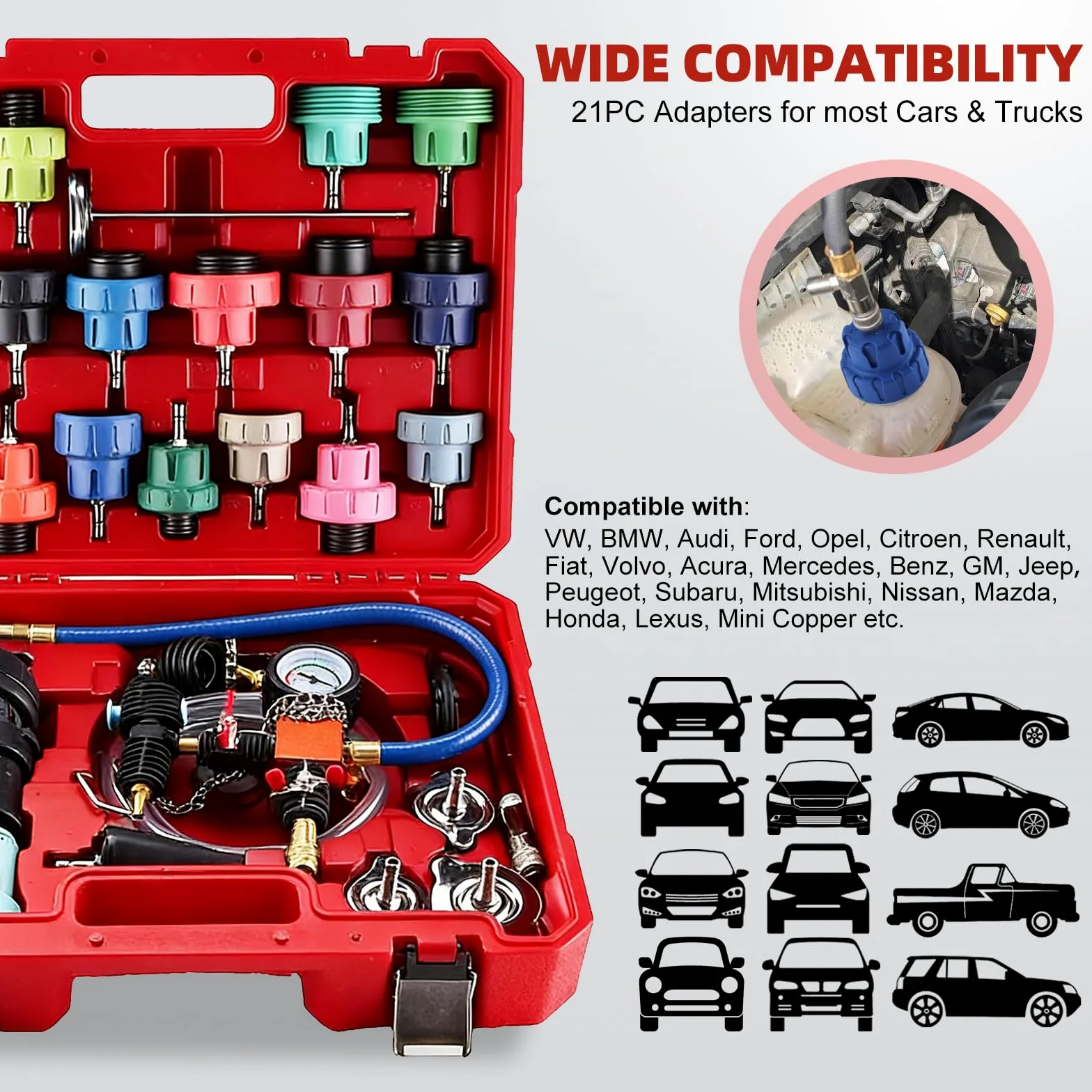 FreeTec 31pzs Probador Presion Radiador, Universal Probador Presion Circuito Refrigeración, Kit Comprobador Fugas Purgador Liquido Refrigerante, Herramientas Radiador Coche con Bomba Adaptador (Rojo)