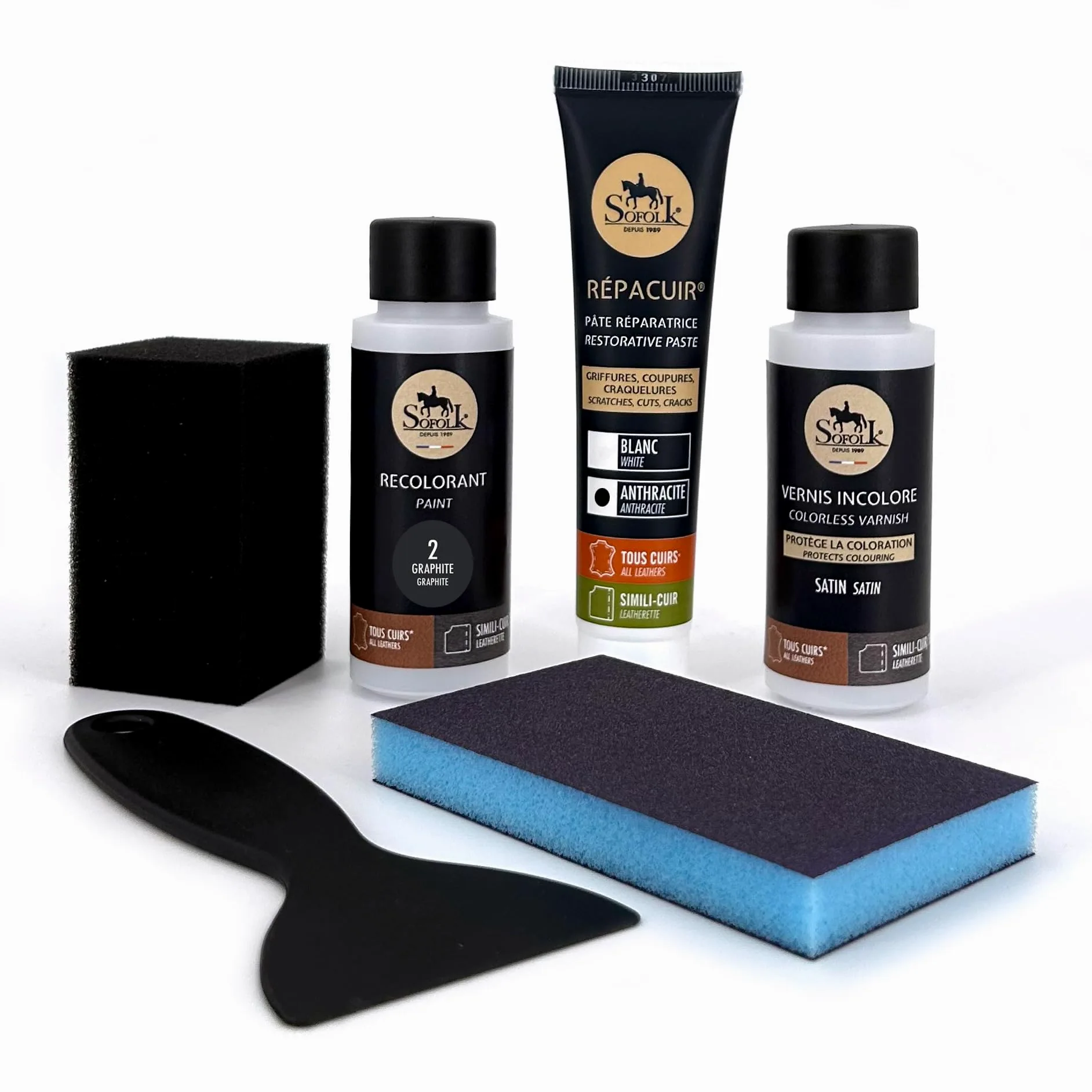SOFOLK Kit de renovación de Cuero y Polipiel: reparación + Pintura + Barniz - Volante, Asiento de Coche, sillón, Zapatos (2-Graphite)
