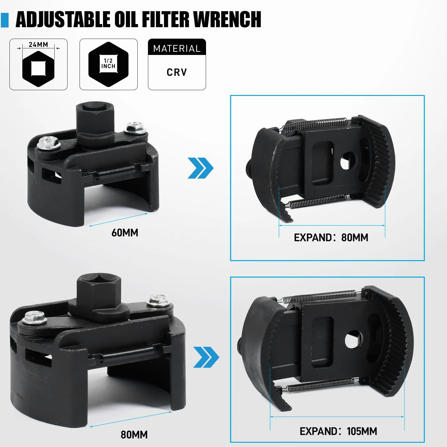 SMOTIVEPRO Juego de herramientas de filtro de aceite, 12 tapas de filtro de aceite, 2 llaves de filtro de aceite ajustables, 6 llaves de filtro de aceite, 2 pinzas para filtro de aceite, 8 llaves de