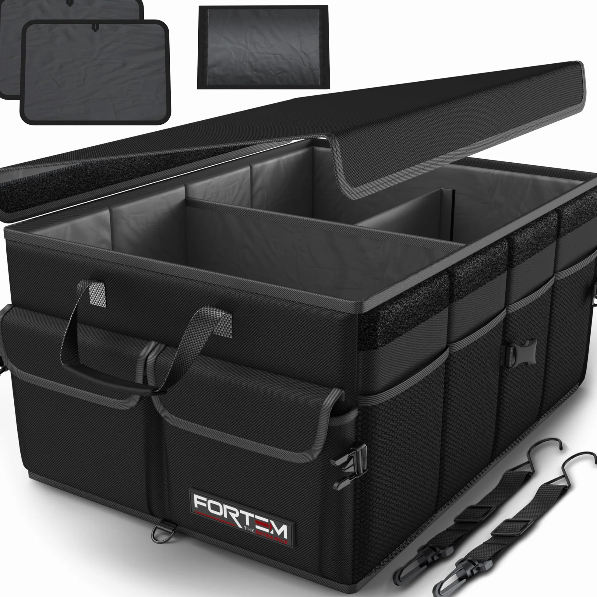 FORTEM Organizador Maletero Coche - Caja Maletero Coche Plegable con Base Antideslizante y Correas Ajustables - Bolsa Organizador con Compartimentos y Tapa con Tela Oxford 600D - Accesorios Coche 50L