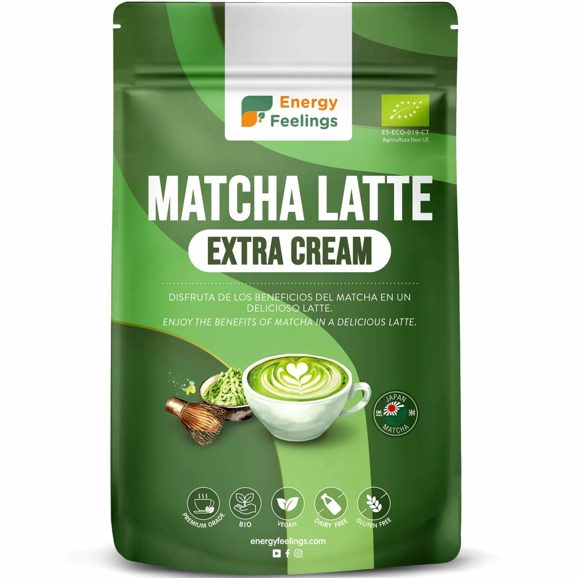 Matcha Latte Ecológico Extra Cream 500g, Té Matcha Japonés Premium en Polvo, Sin Gluten, Sin Azúcares Añadidos, Vegano