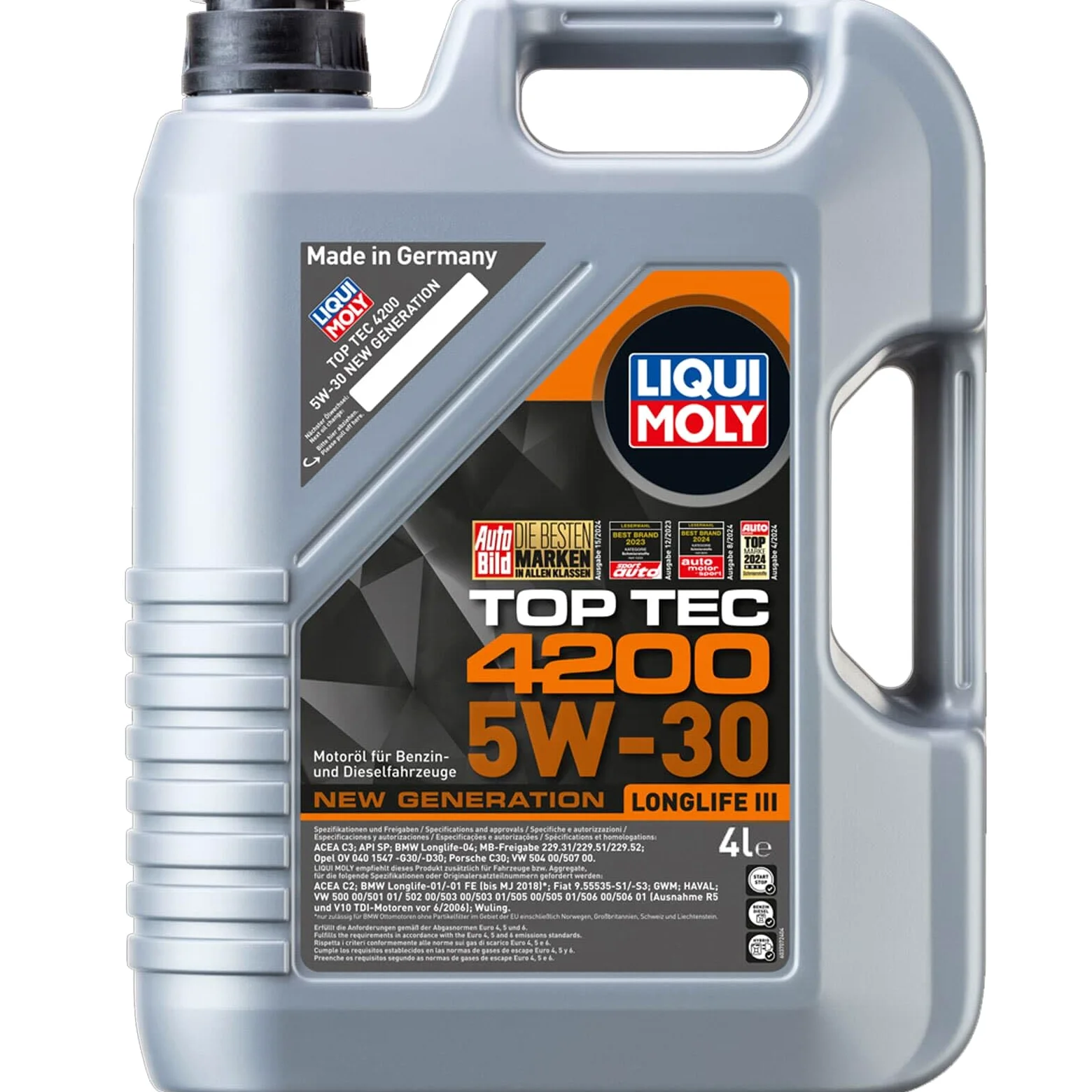 LIQUI MOLY Aceite de motor 5W-30 Top Tec ACEA C3 ACEA C2 API SP 4200 4L Compatible con VW Polo V Hatchback 6R1, 6C1 up! Hatchback 121, 122, BL1, BL2, BL3, 123 Golf 7 Hatchback 5G1, BQ1, BE1, BE2