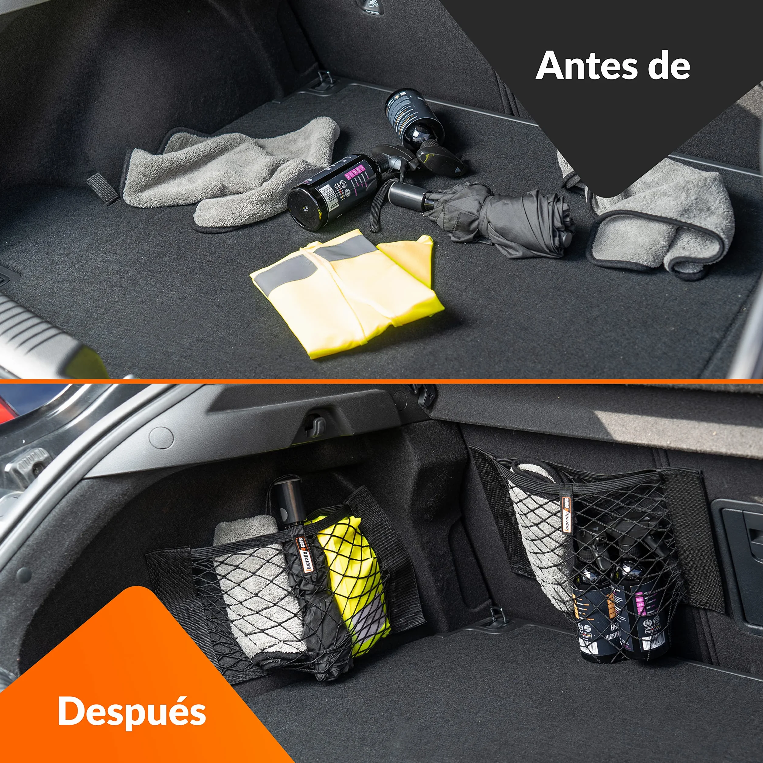 Upgrade4cars Red de Maletero para Coche | 4 Redes Portaobjetos 40 x 25 cm Pequeño y Útil | Bolsa Malla Baul Elastica | Accesorios Coches Interior