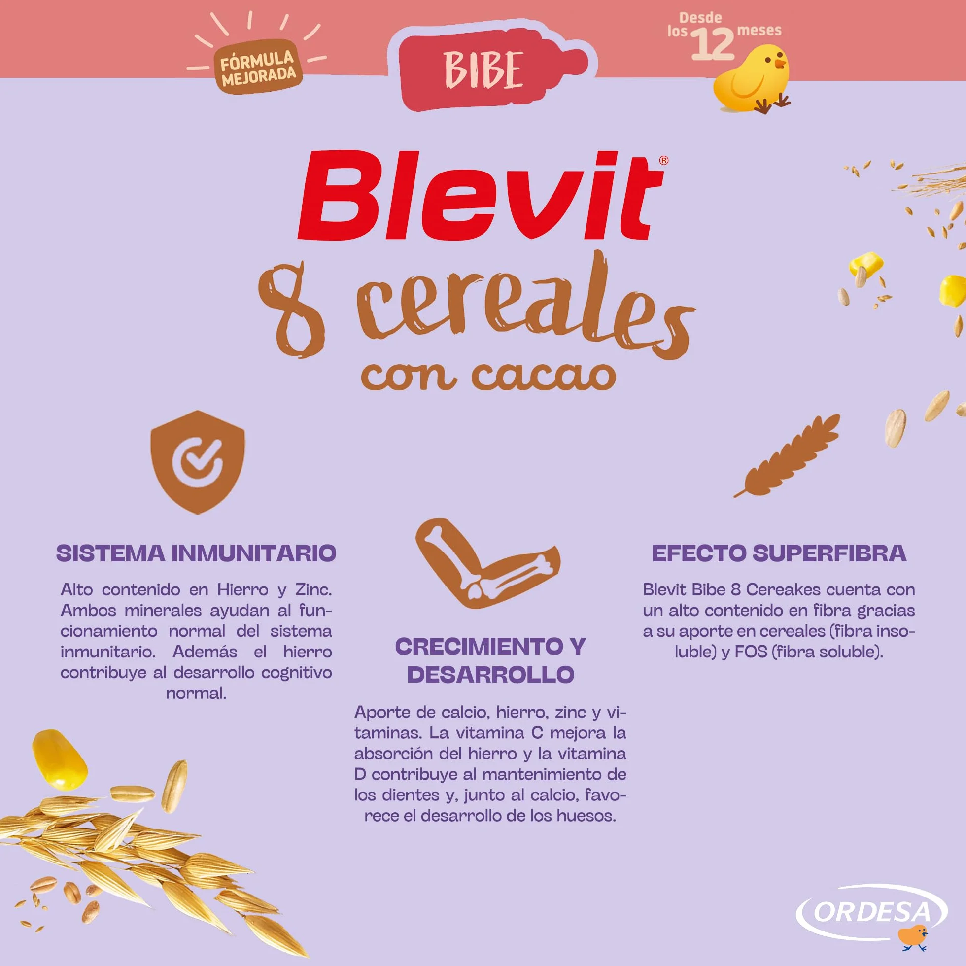 Blevit Bibe 8 Cereales con Cacao 500g Papilla para Bebé 12 meses 14 Vitaminas y Minerales