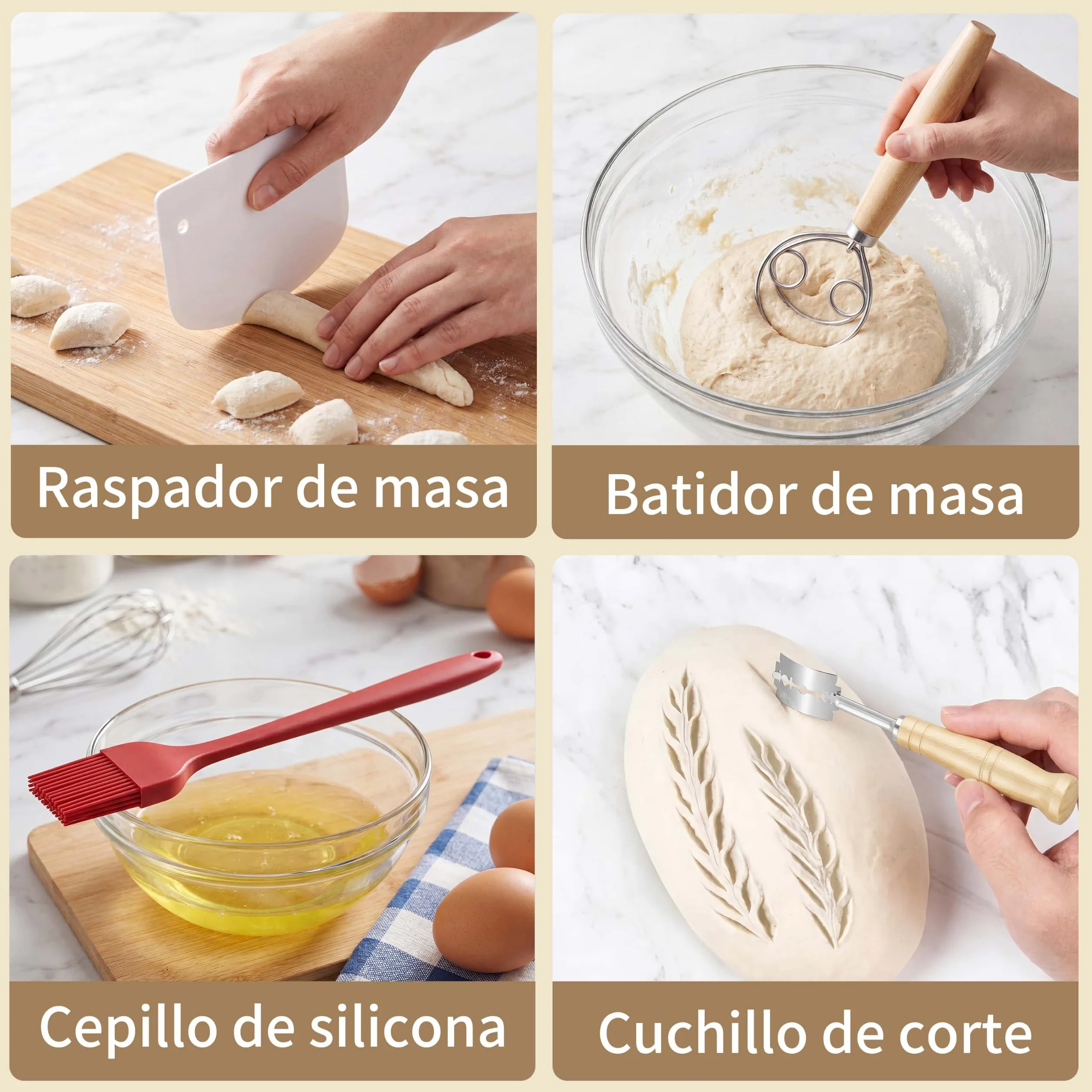 Kit Completo de Inicio de Masa Madre 11 Piezas, Cesta Oval de Ratán Artesanal, Tarro y Accesorios para Hacer Pan