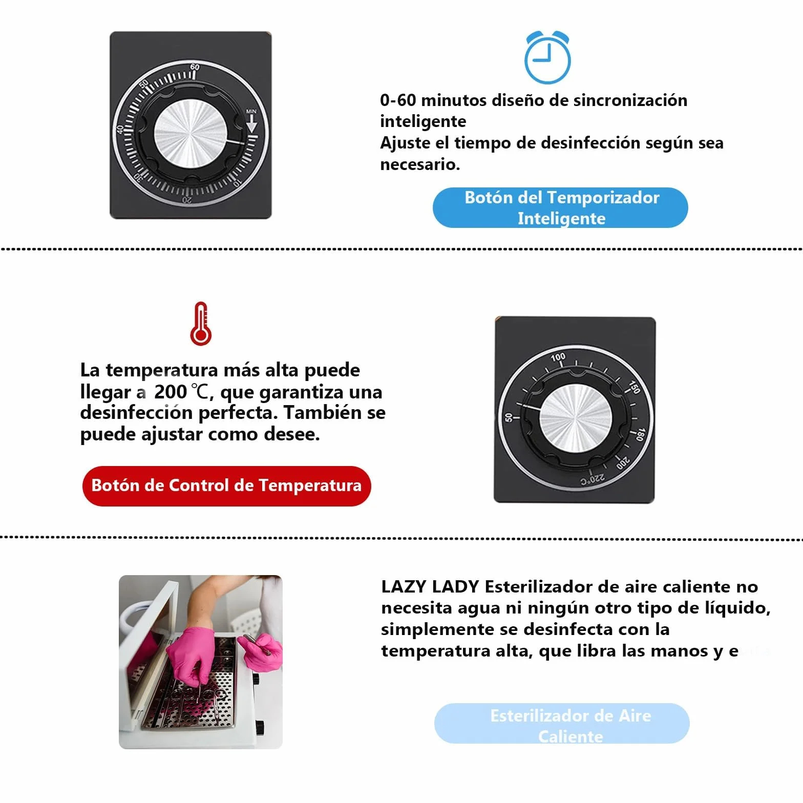 Esterilizador manicura profesional 200°C Aire caliente calor seco Caja 1,5L 300W temporizador 0-60 min