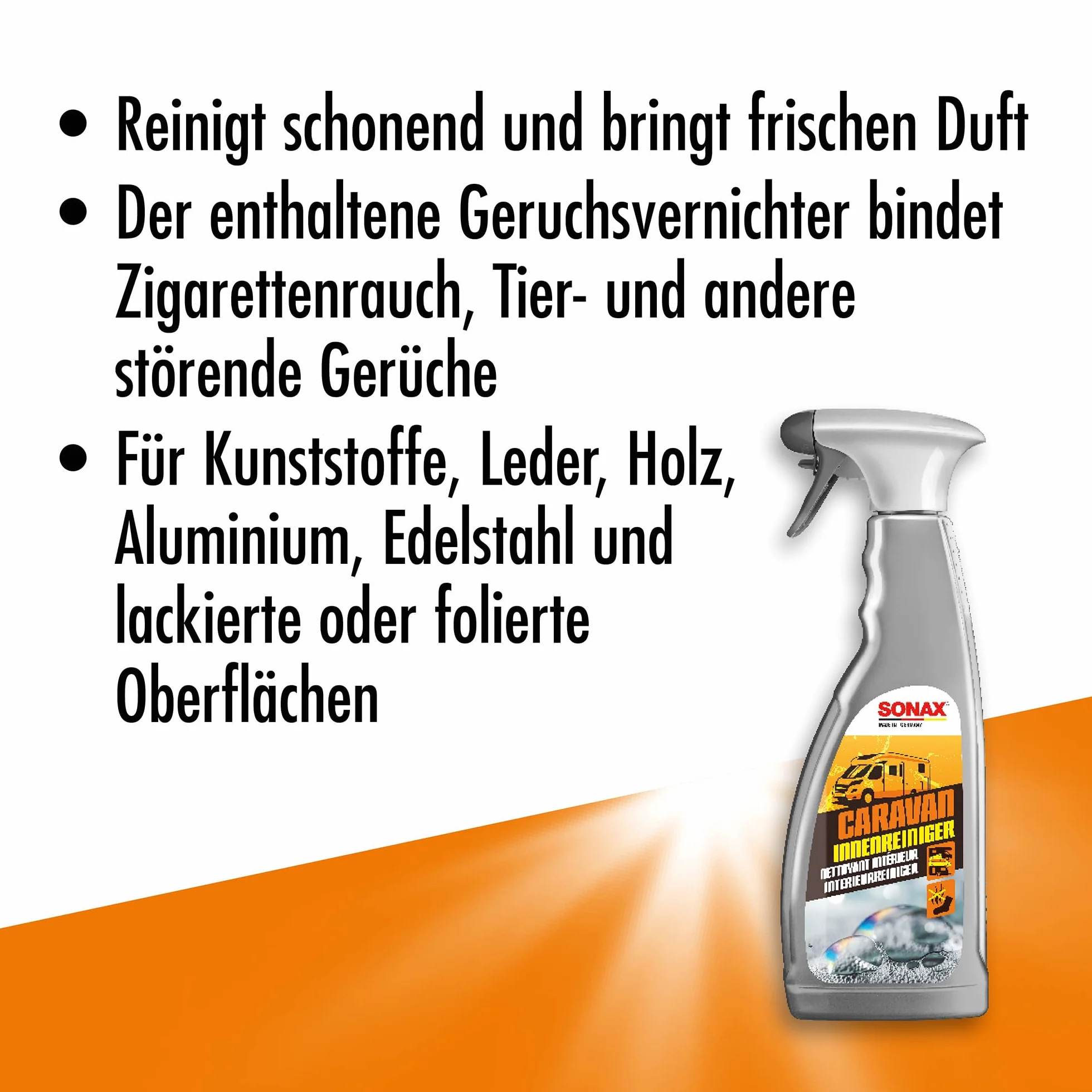 Sonax Caravan - Juego de limpieza de interiores para autocaravanas, 750 ml, con eliminador de olores y paño de microfibra, para plásticos, cuero, madera, aluminio y superficies pintadas o laminadas en