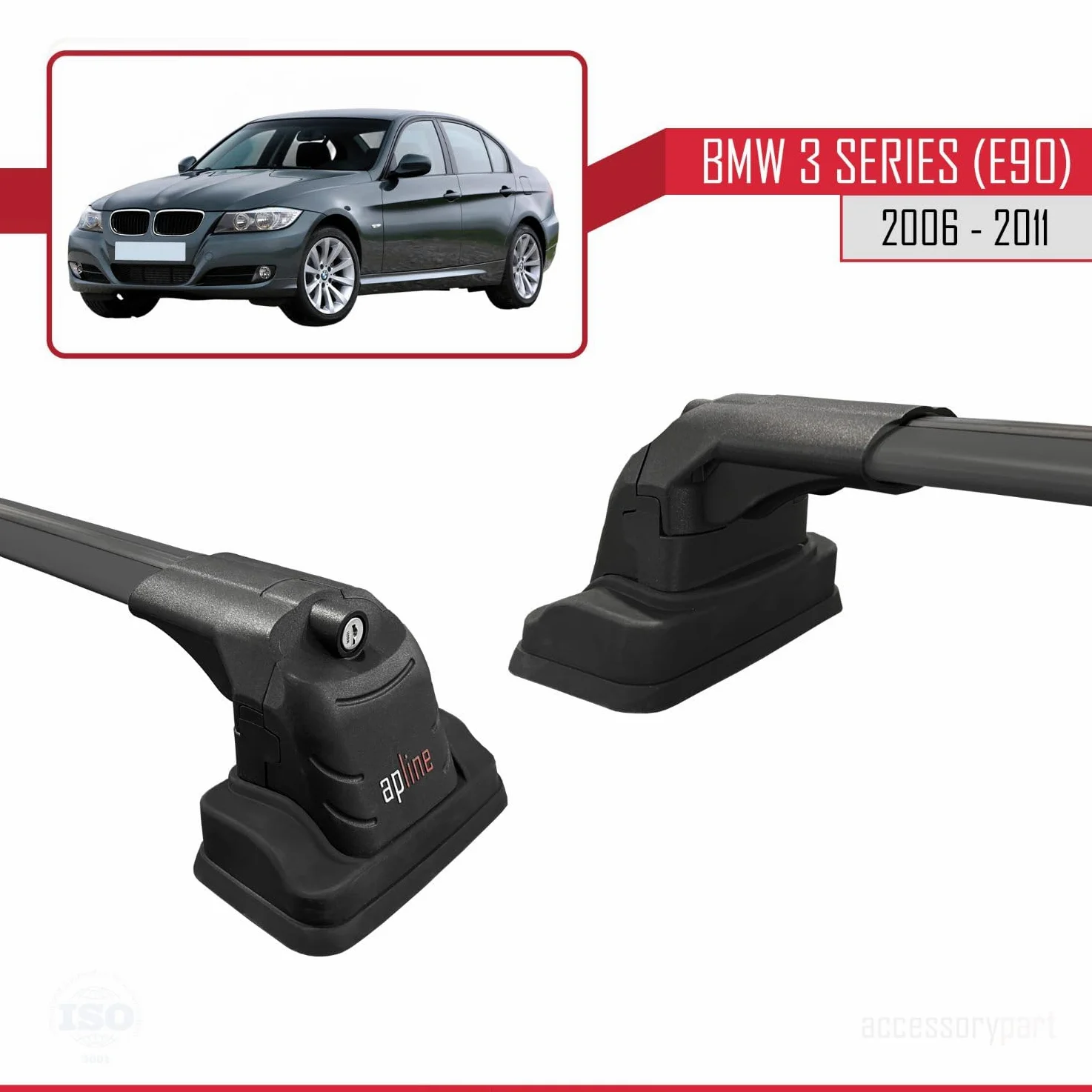 Compatible con BMW Serie 3 (E90) 2005-2012 Modelo Ace-3 Barra de Techo Auto Portaequipajes Barras Transversales Negro Aluminio 2 Barras