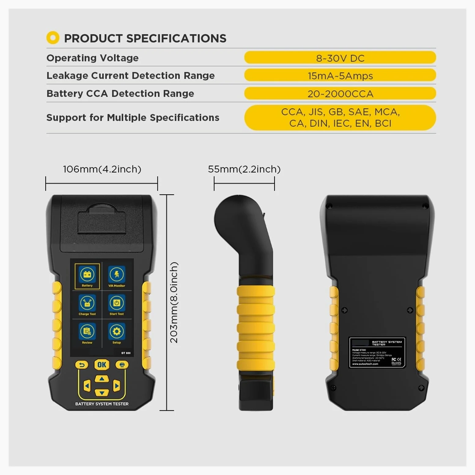 Comprobador de Batería, Probador de batería BT880 con Impresora Analizador de batería Probador Capacidad de la batería del automóvil Probador de Carga de Carga máxima