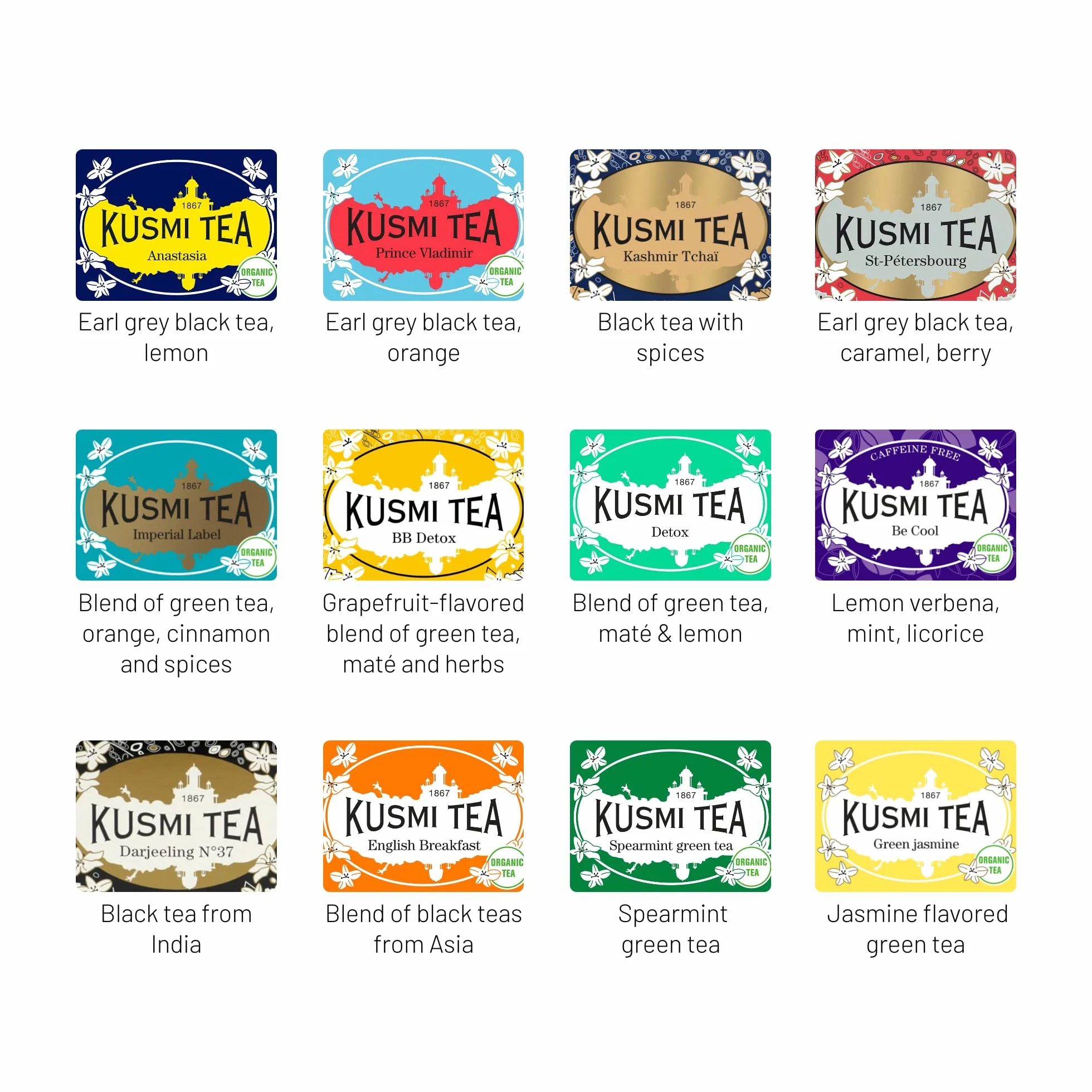 Kusmi Tea Estuche de bolsas de té Les Essentiels Surtido 12 recetas Lata 24 bolsas de muselina