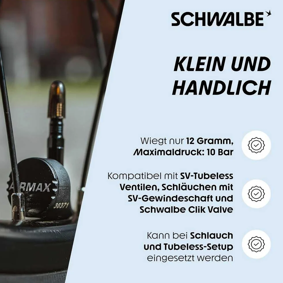 Schwalbe Airmax Smart Bike Sensor – Sistema de control de presión de neumáticos para válvulas SV-Tubeless Tubeless Mangueras con vástago roscado SV – Valve Clik Valve – Medidor de presión de