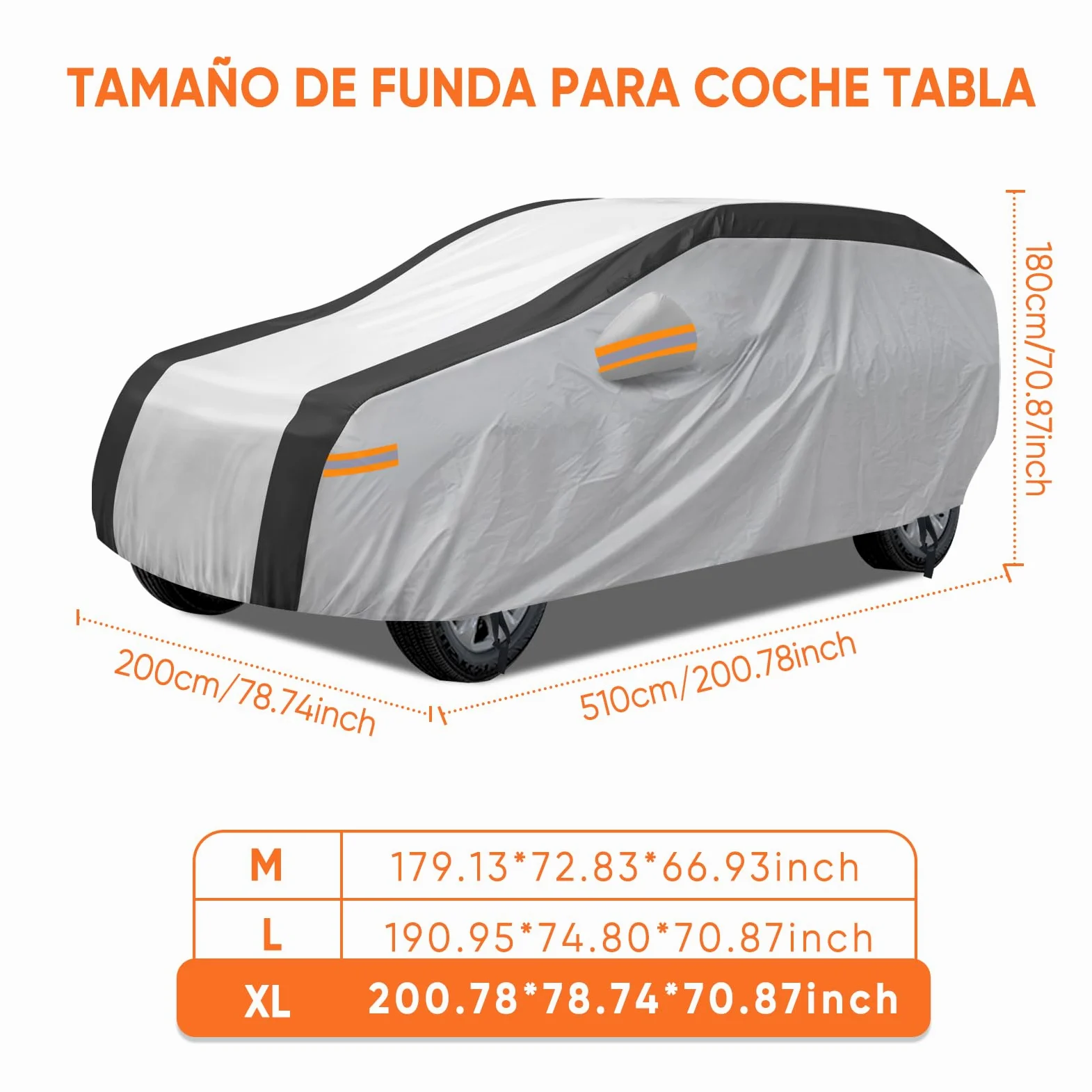 NEVERLAND Funda Coche SUV XL Impermeabile 2500PA - Cubierta Exterior 210D Oxford Plata Reflectante Solar Negro Antigranizo con Tiras Naranjas Alta Visibilidad para BMW X5 Mercedes GLE, Audi Q7|510cm