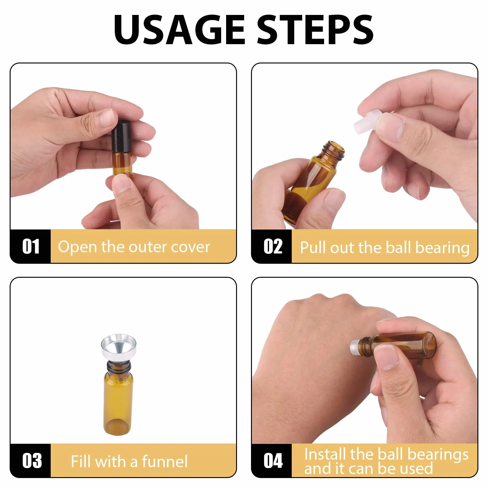 Botellas roll on de cristal marrón 5 ml para aceite esencial con bolas de acero inoxidable