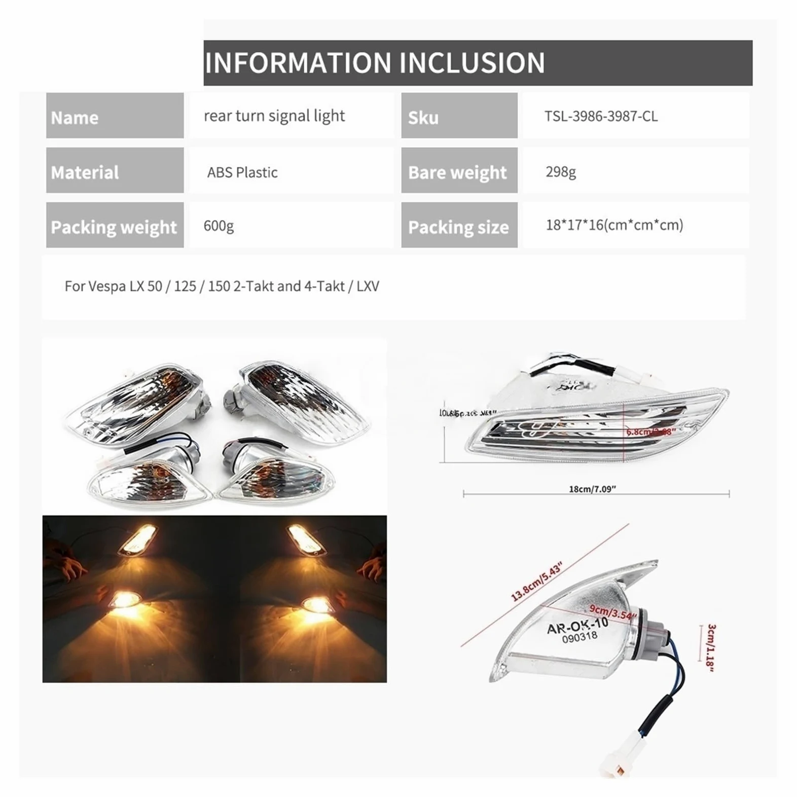 Luz Trasera para Scooter LX 50 125 150 S50 S125 S150 LXV, luz de señalización Delantera Trasera Intermitente luz indicadora Trasera para Motocicleta Lámpara traseras
