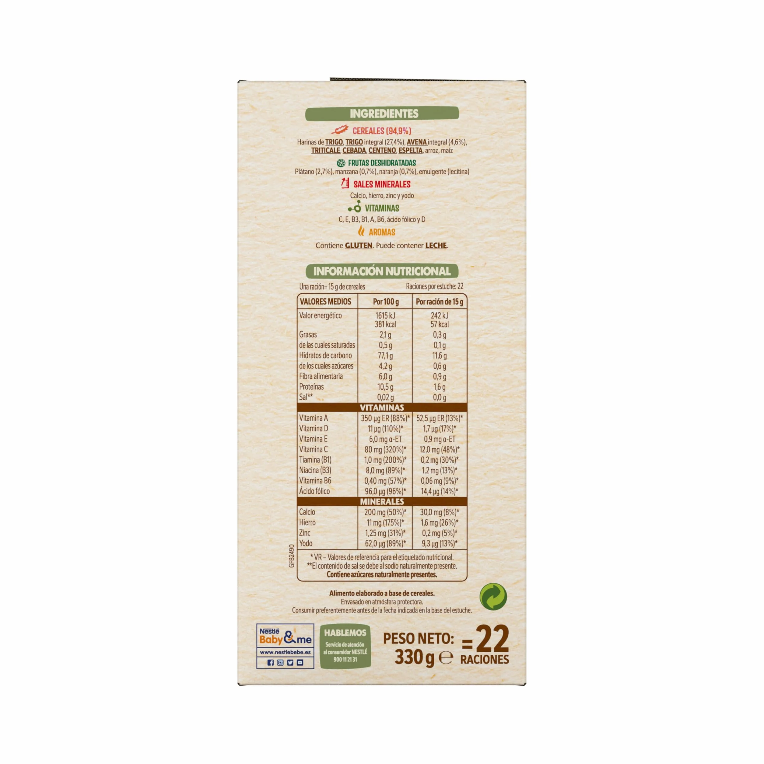 NESTLÉ Papilla 8 Cereales con Fruta 330g, sin azúcares añadidos, pack de 8